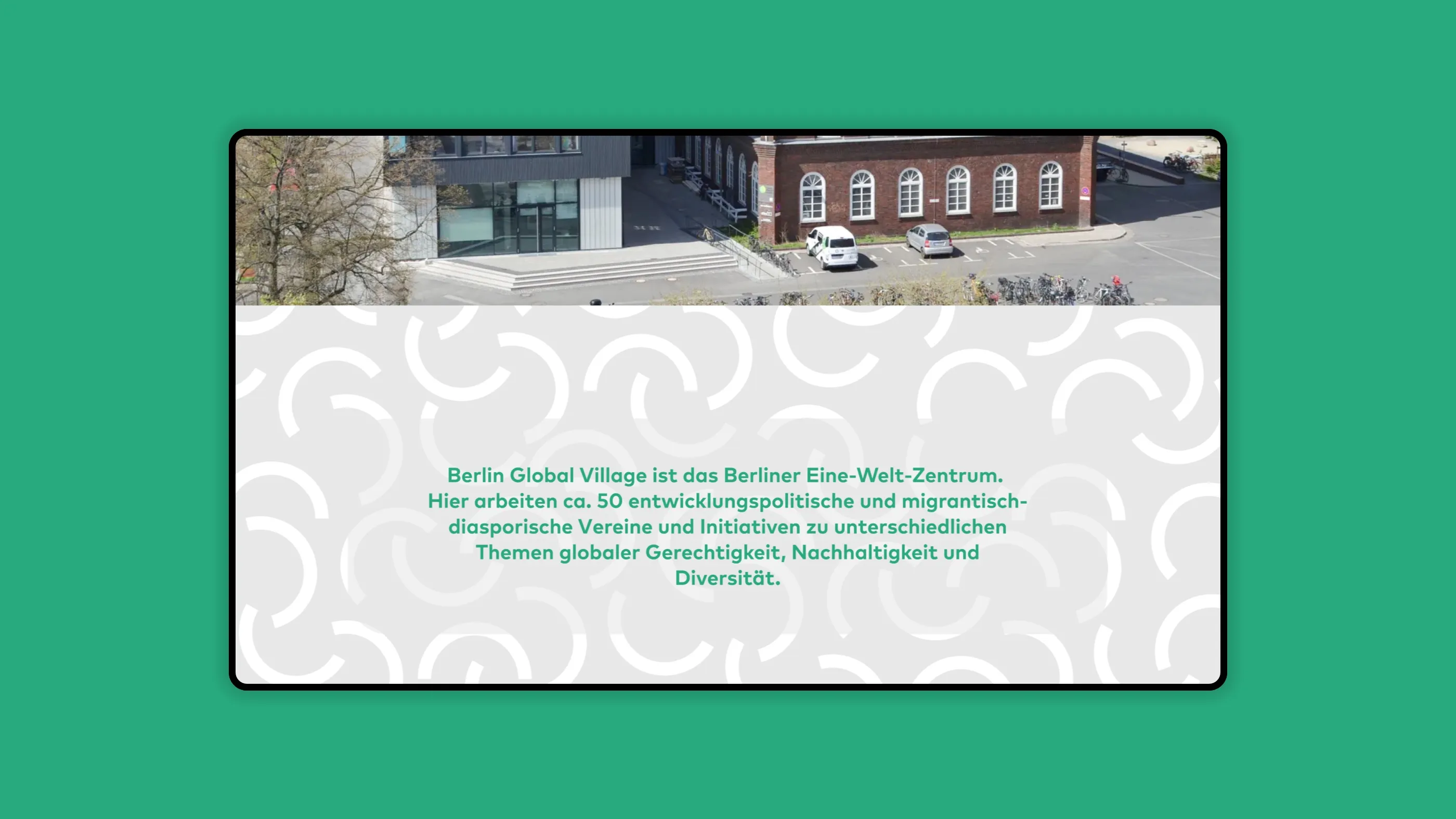 Desktop view of the "Berlin Global Village" website on a green background