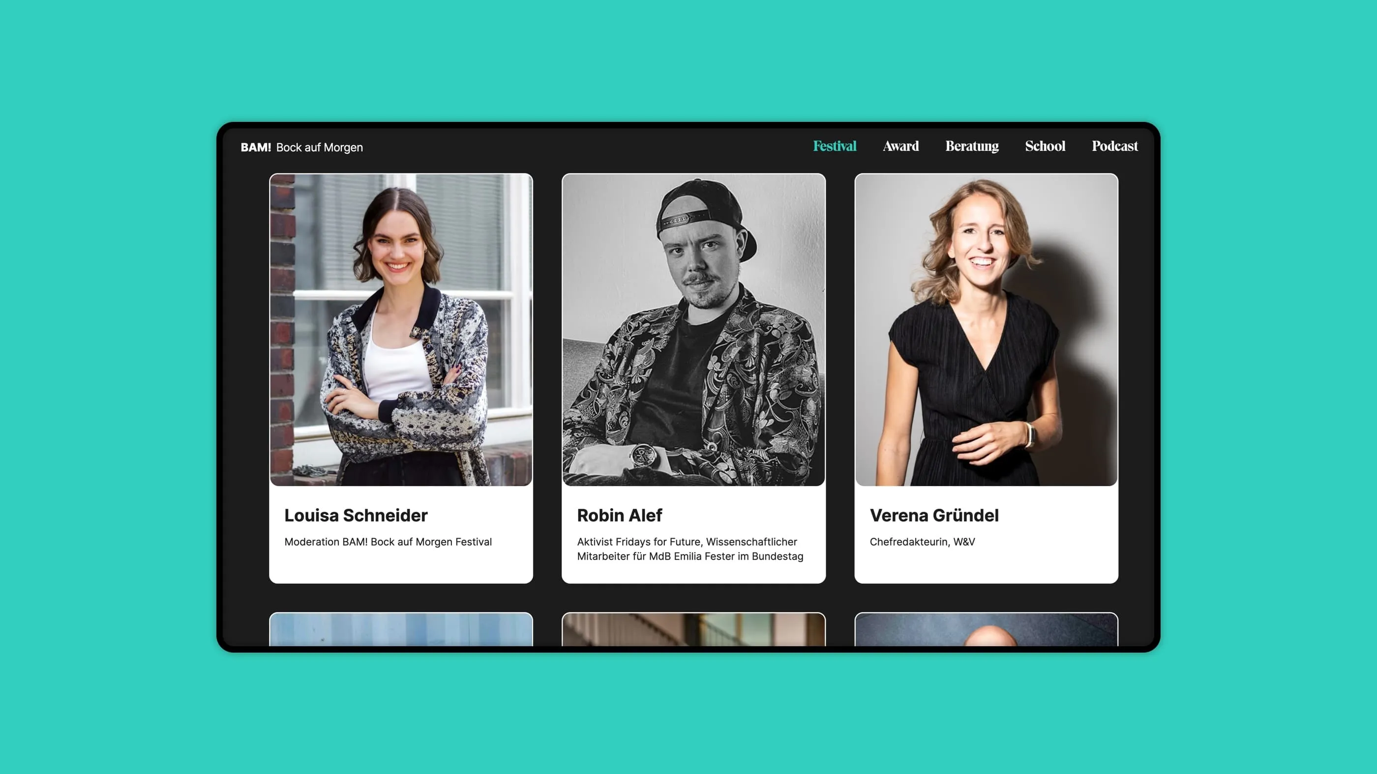 A screenshot of the BAM! - Bock auf morgen website with portraits of speakers at the BAM! festival