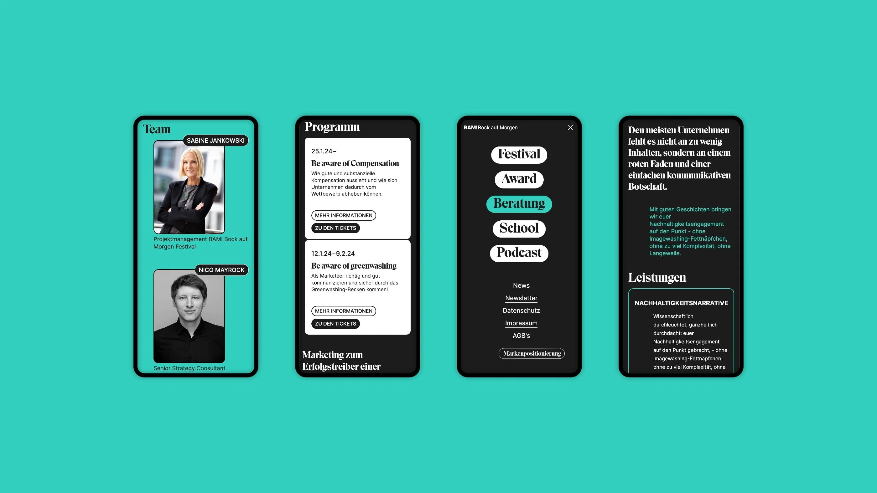 Four screenshots of the mobile view of the BAM! website - Bock auf morgen