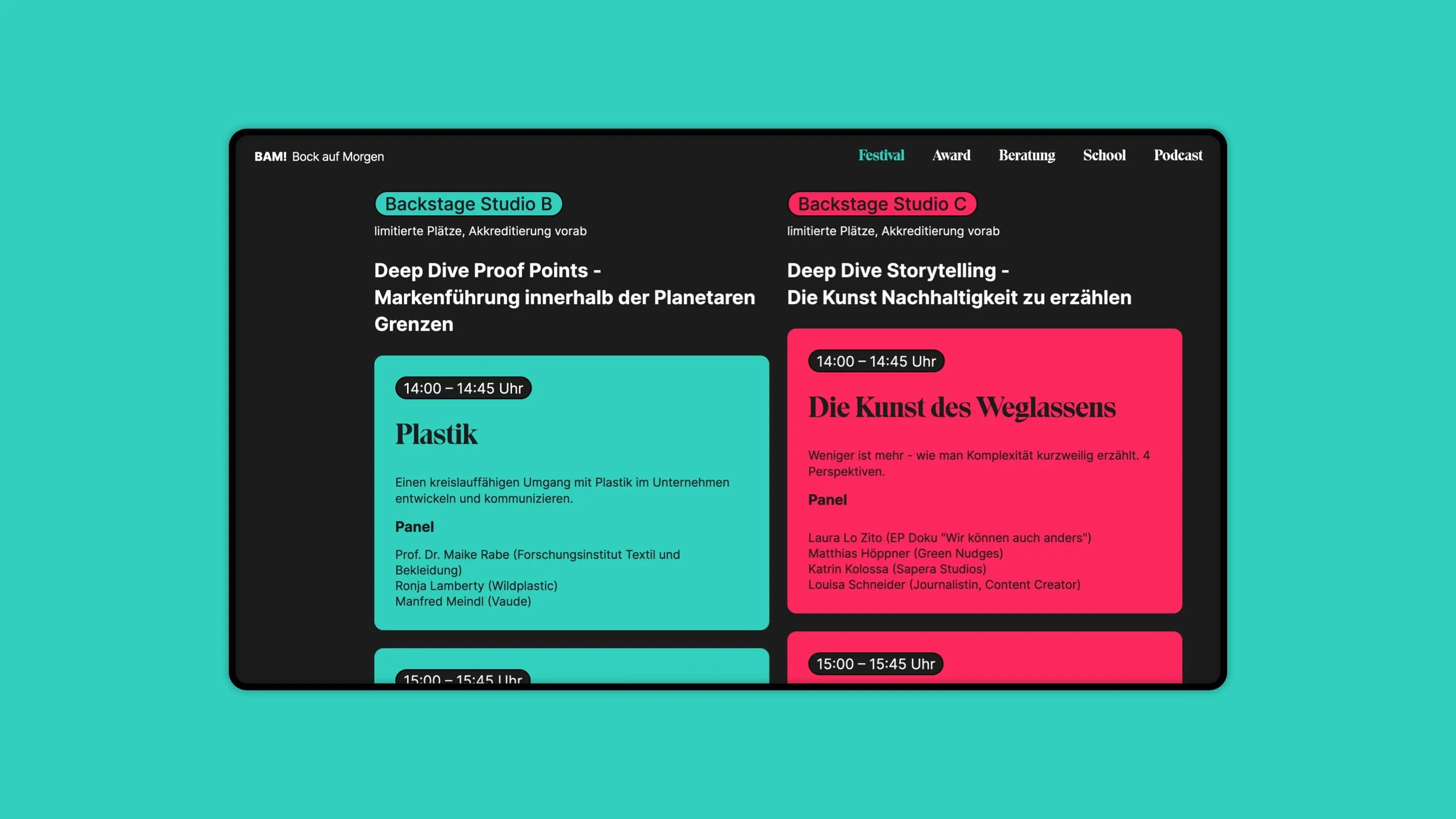 A screenshot of the BAM! - Bock auf morgen website shows the BAM! festival program