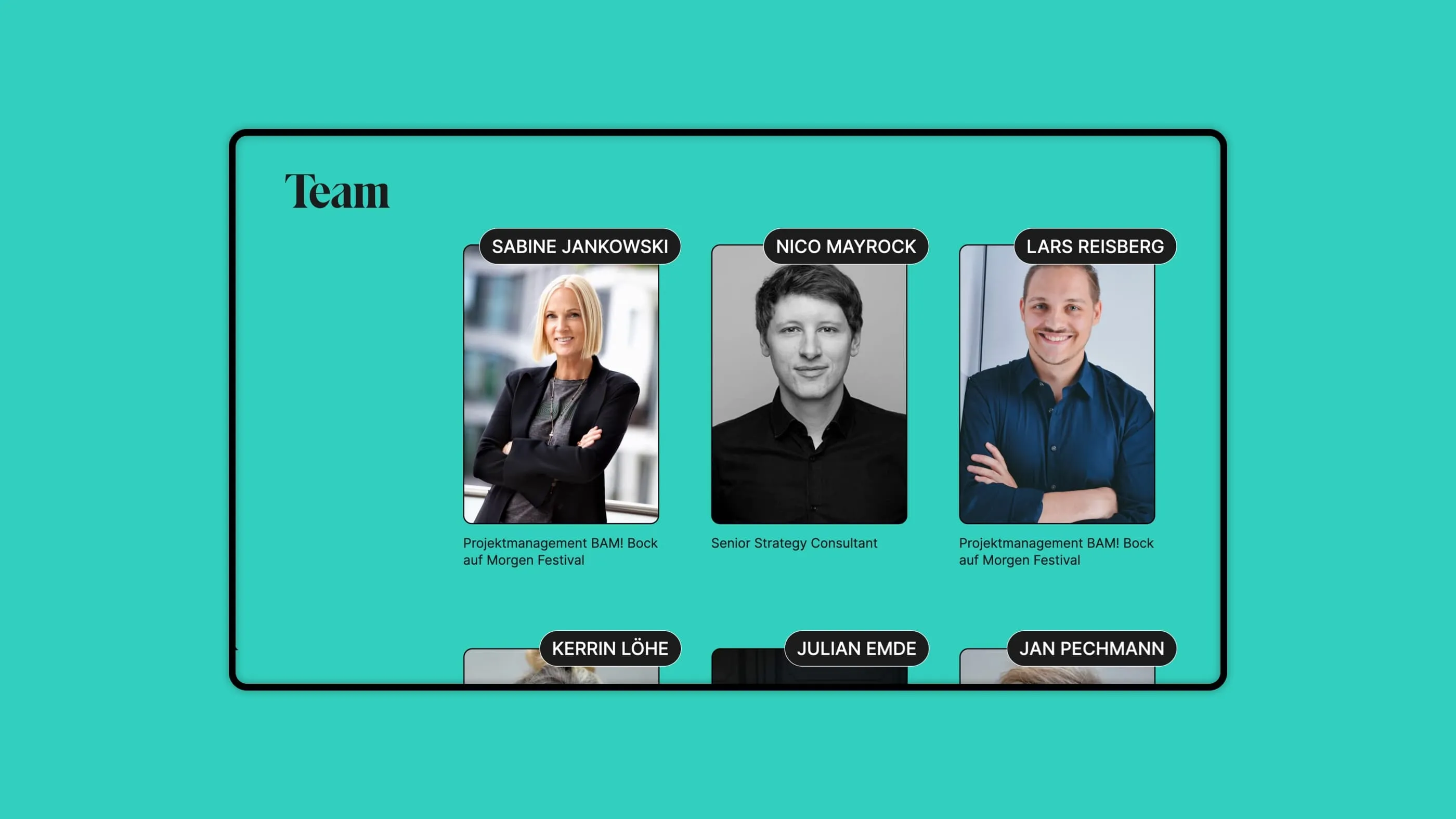 A screenshot of the BAM! - Bock auf morgen website with portraits of employees