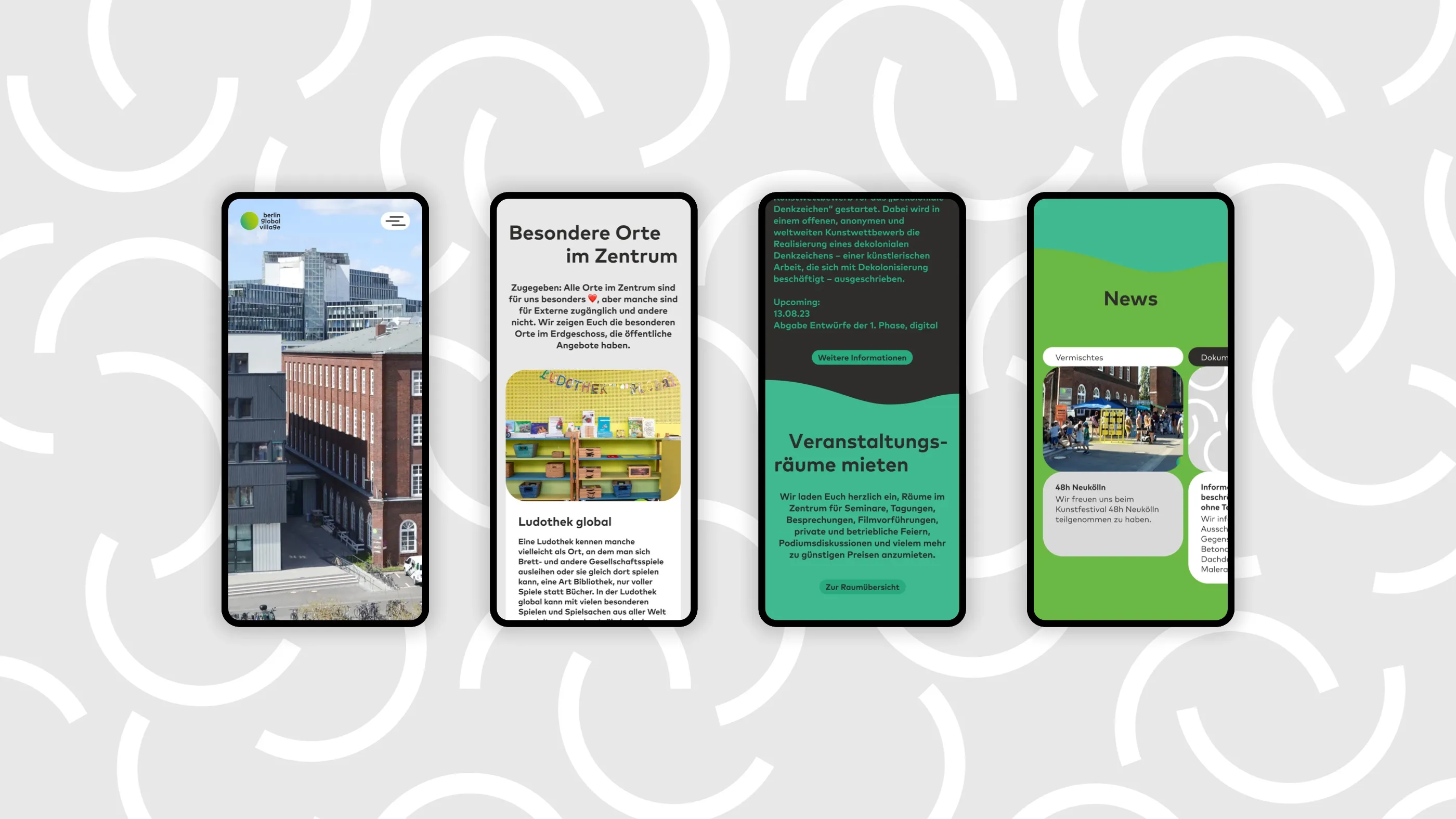 mobile view of the "Berlin Global Village" website on a gray patterned background