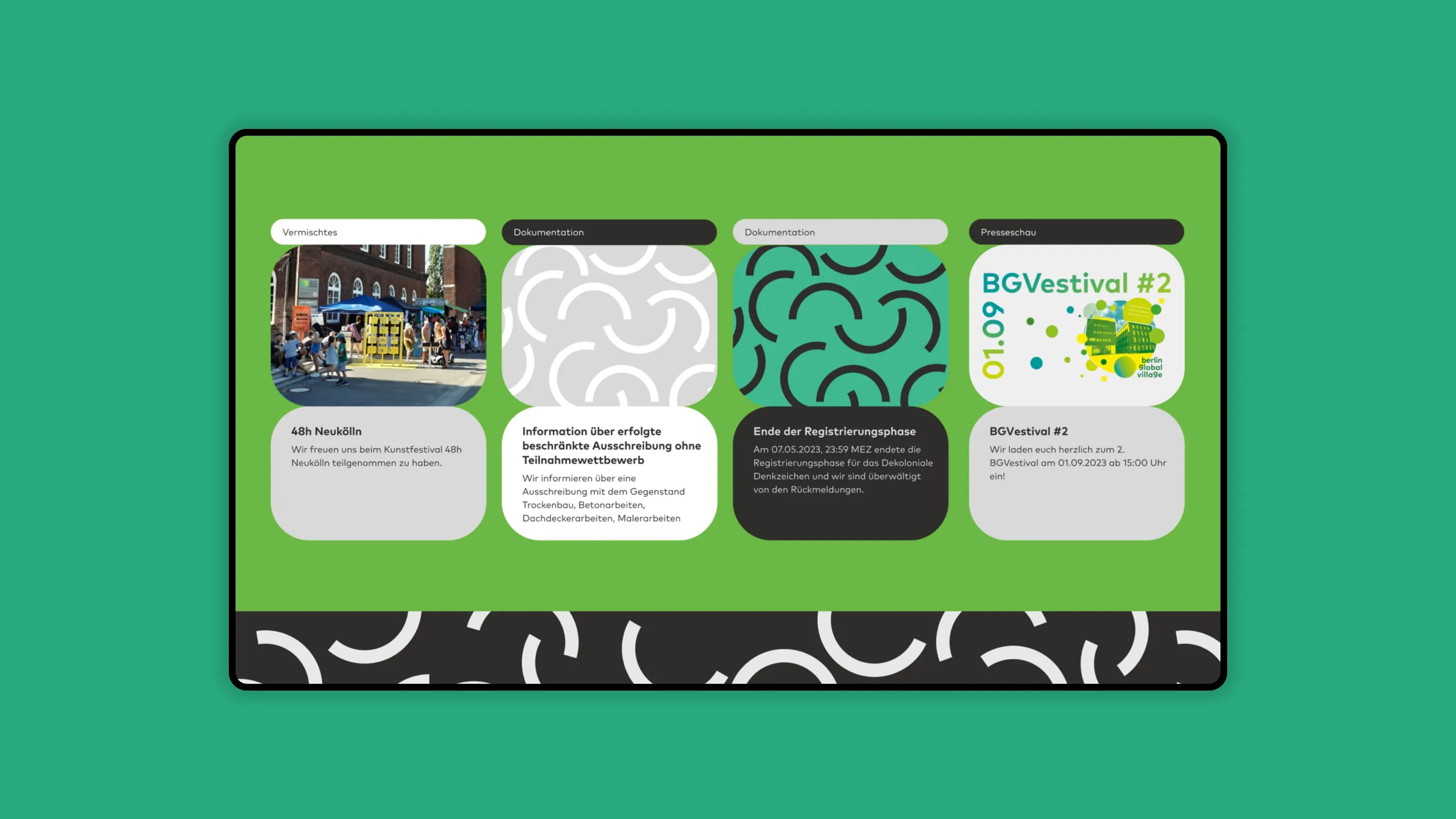 Desktop view of the "Berlin Global Village" website on a green background