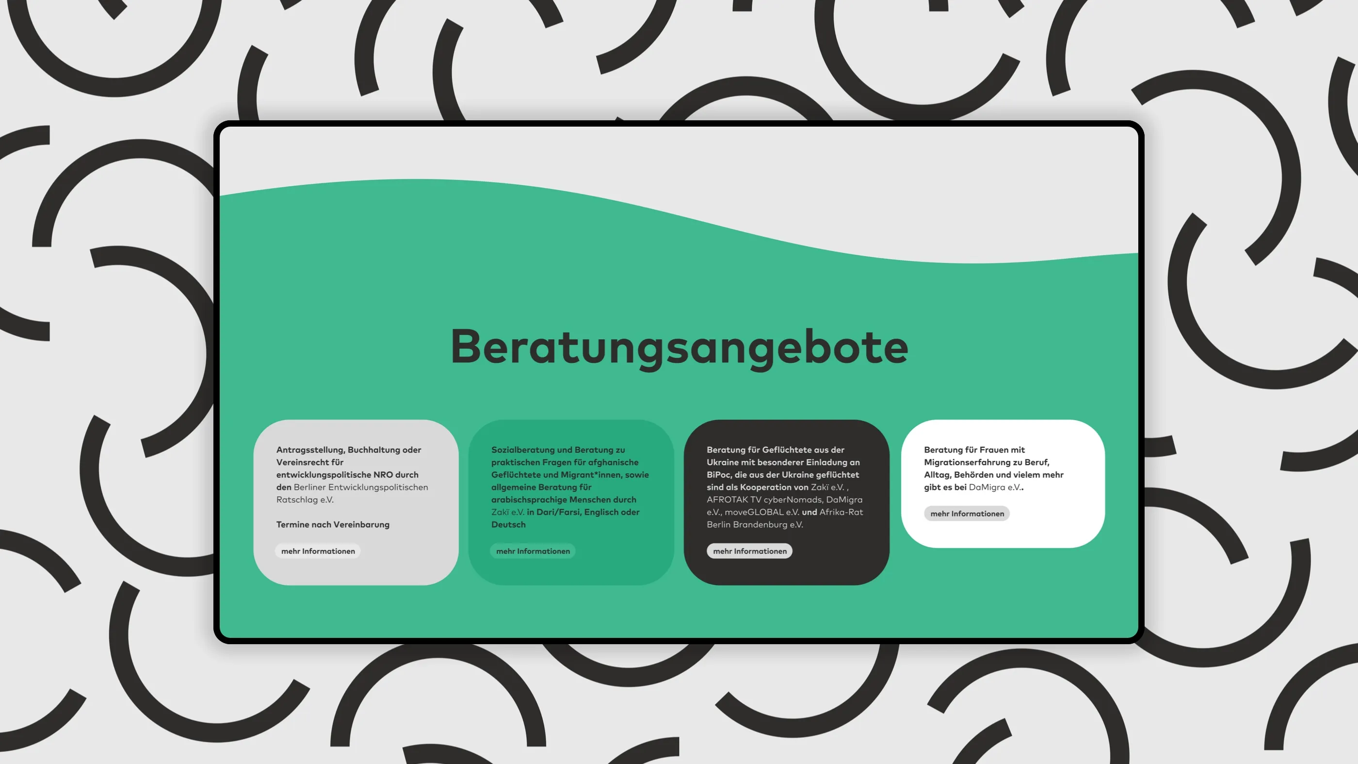 Desktop view of the "Berlin Global Village" website on a gray patterned background