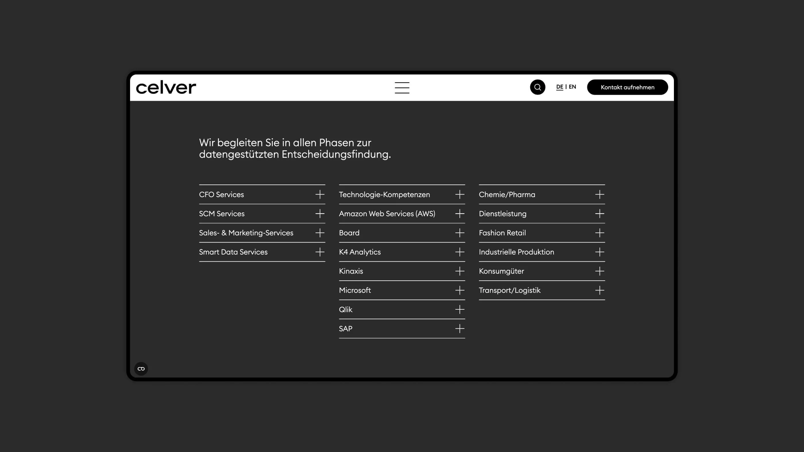 A screenshot of the celver website with dropdown elements