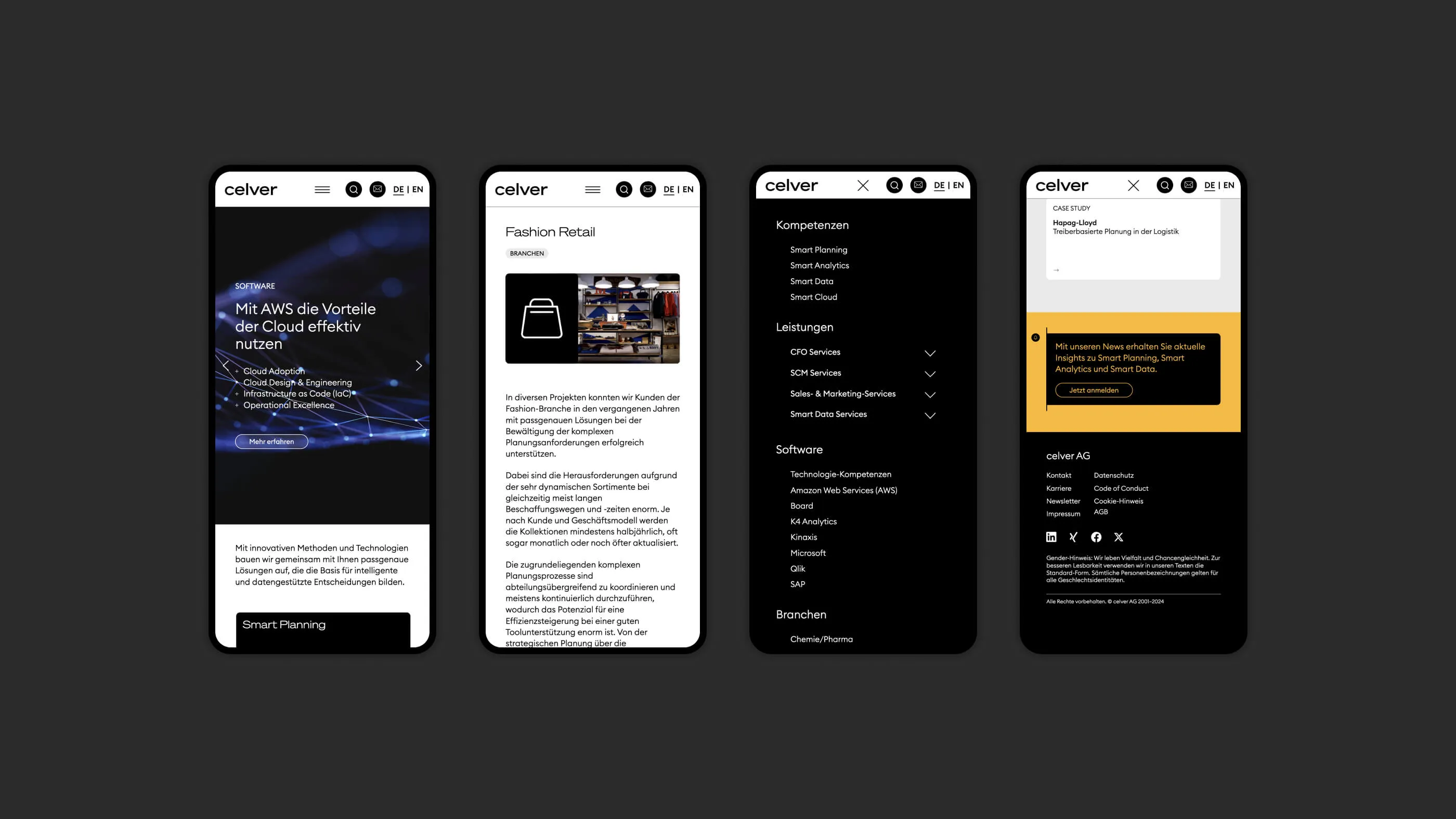 Four screenshots of the mobile views of the celver website
