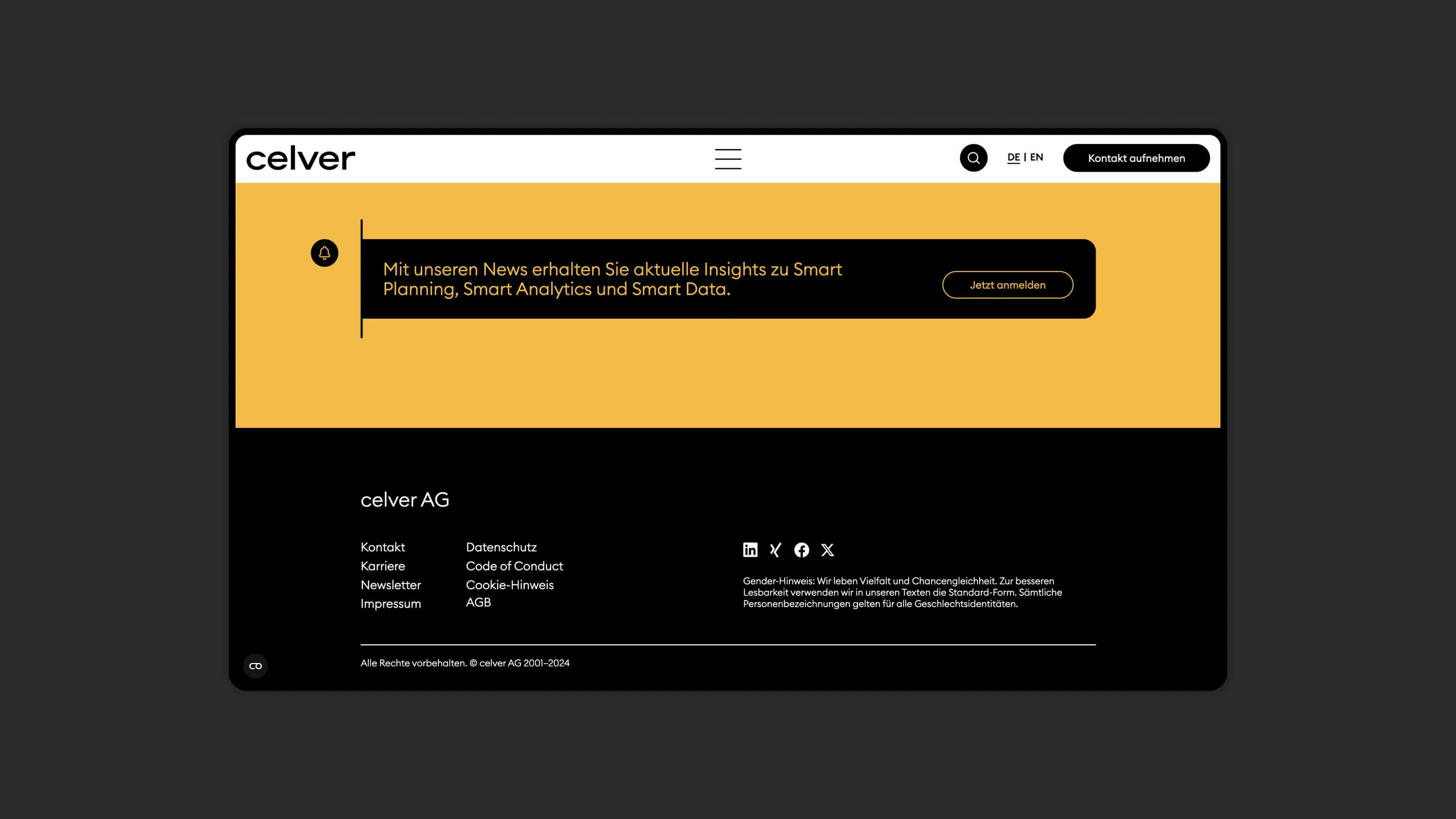 A screenshot of the celver website with a Nesletter teaser and the website footer