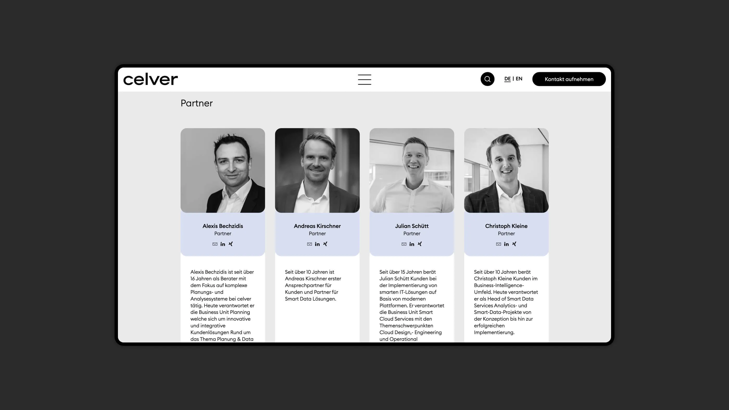 A screenshot with pictures and information about the partners on the celver website