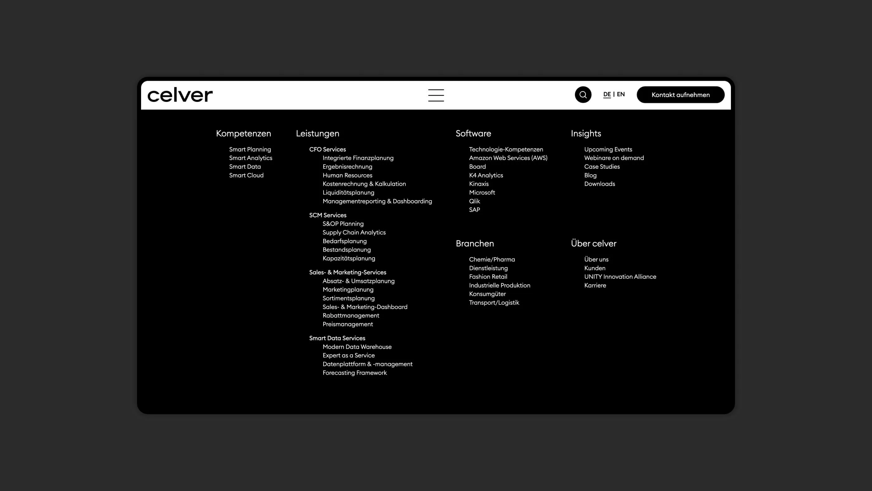 A screenshot of the open main navigation of the celver website