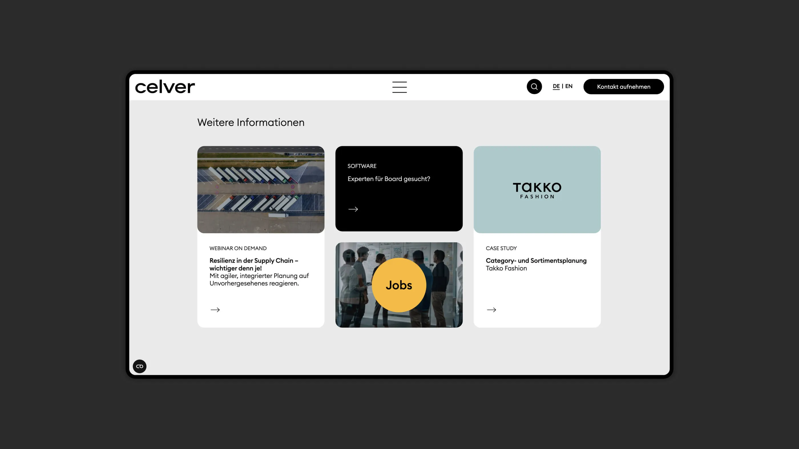 A screenshot with various teasers on the celver website