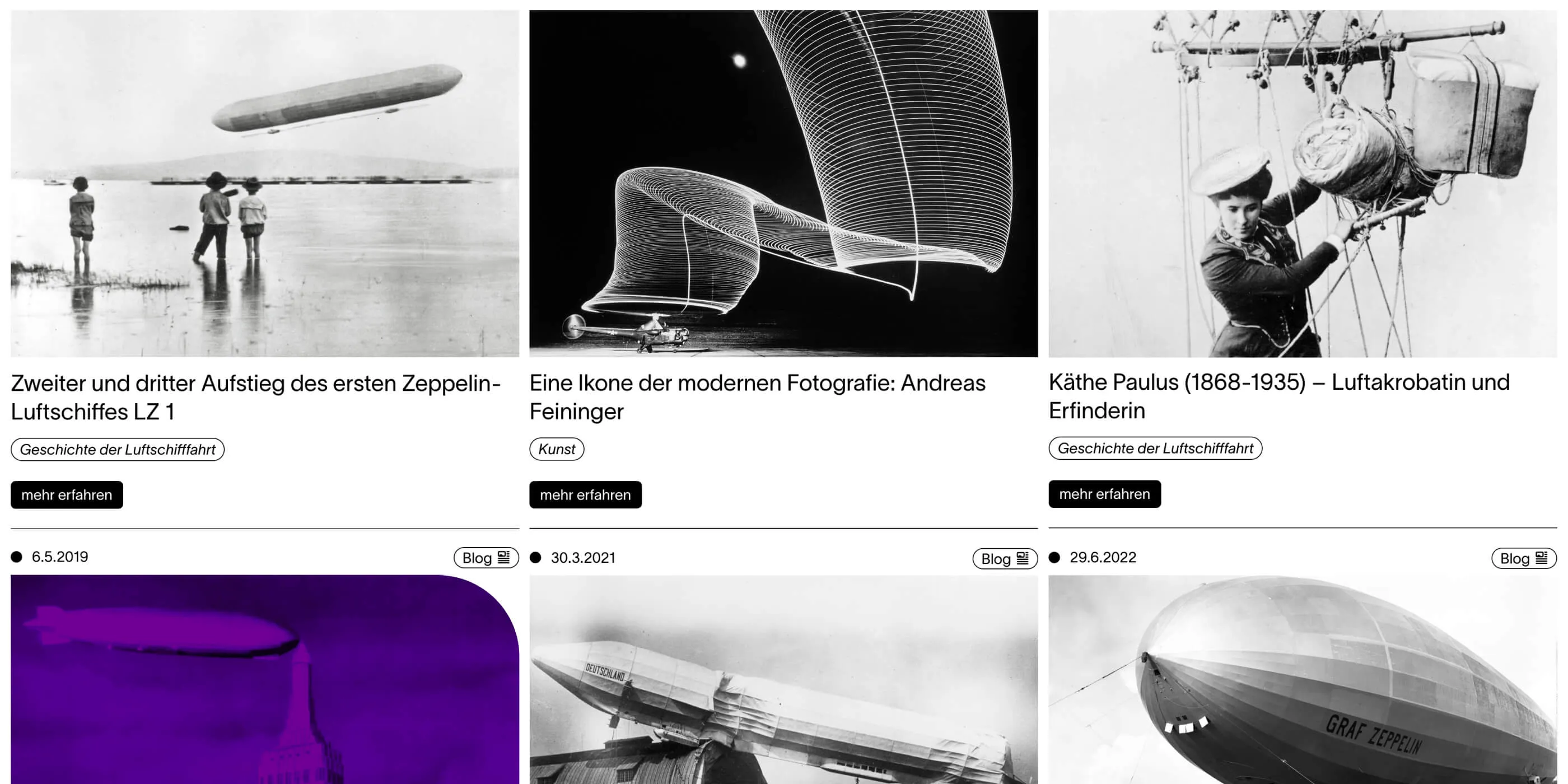 Ein Screenshot einer Detailansicht von Teasern der Webseite des Zeppelin Museums.