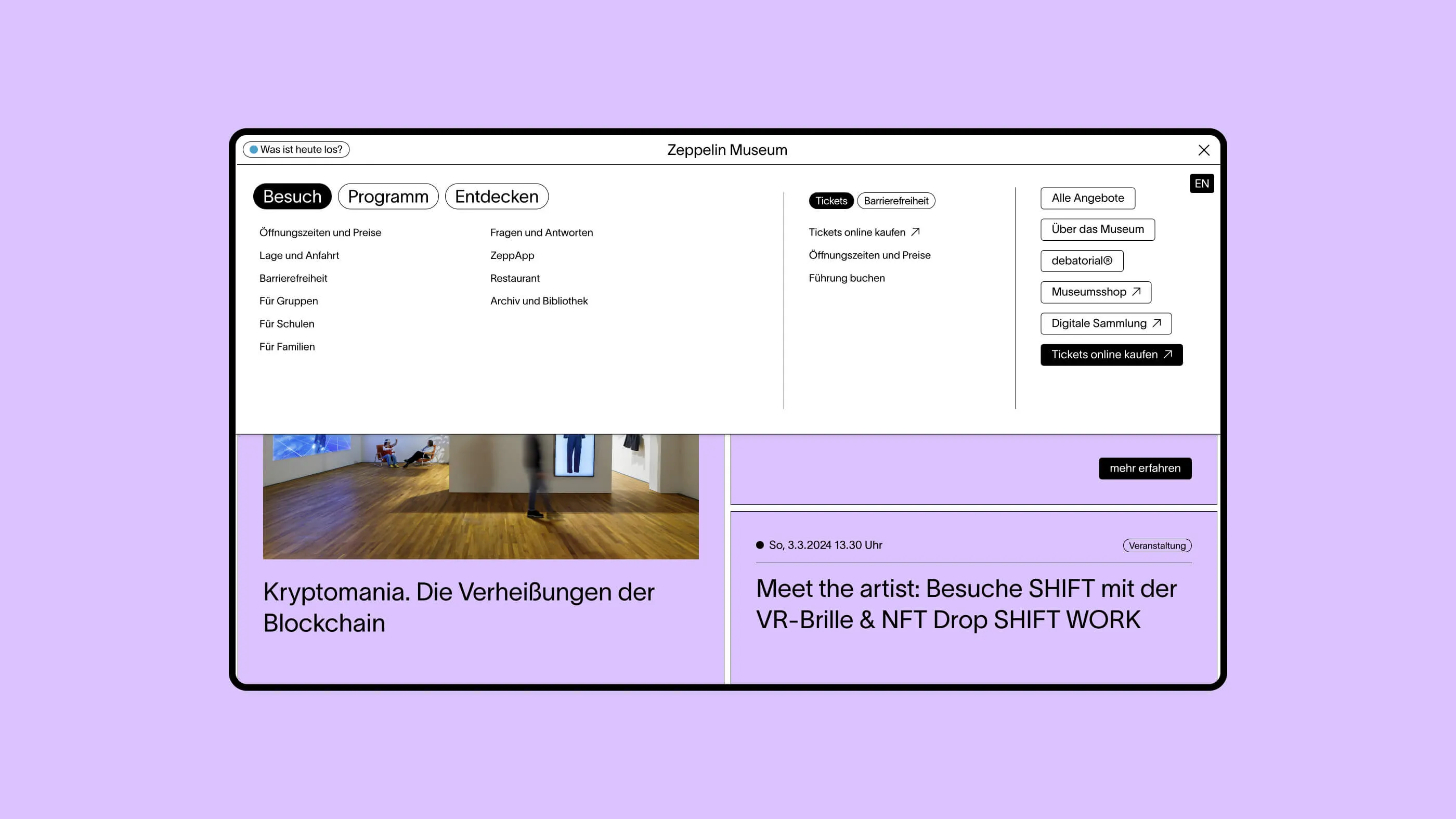 Ein Screenshot der Webseite des Zeppelin Museums