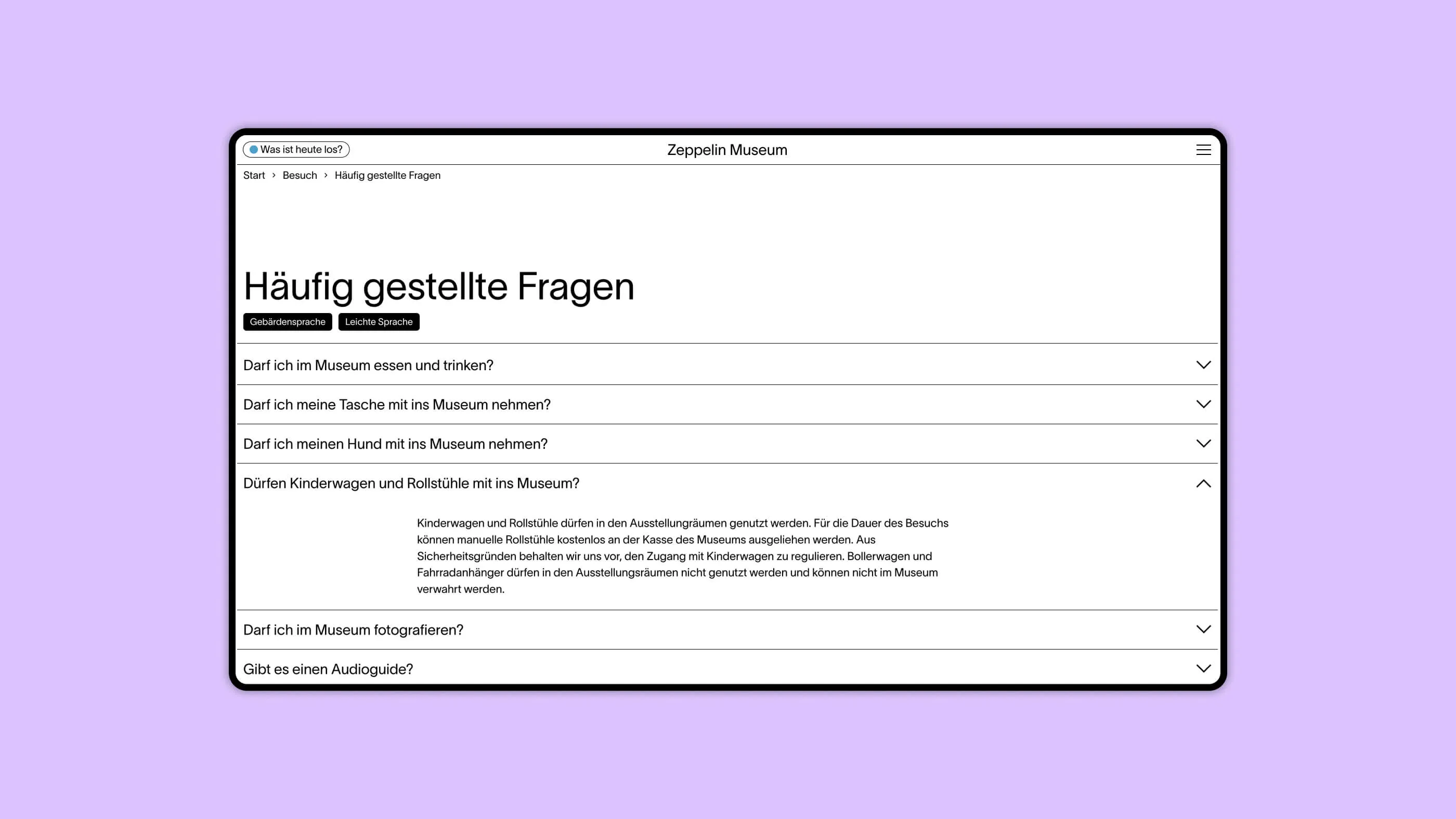 Screenshot der FAQ-Seite der Webseite des Zeppelin Museums
