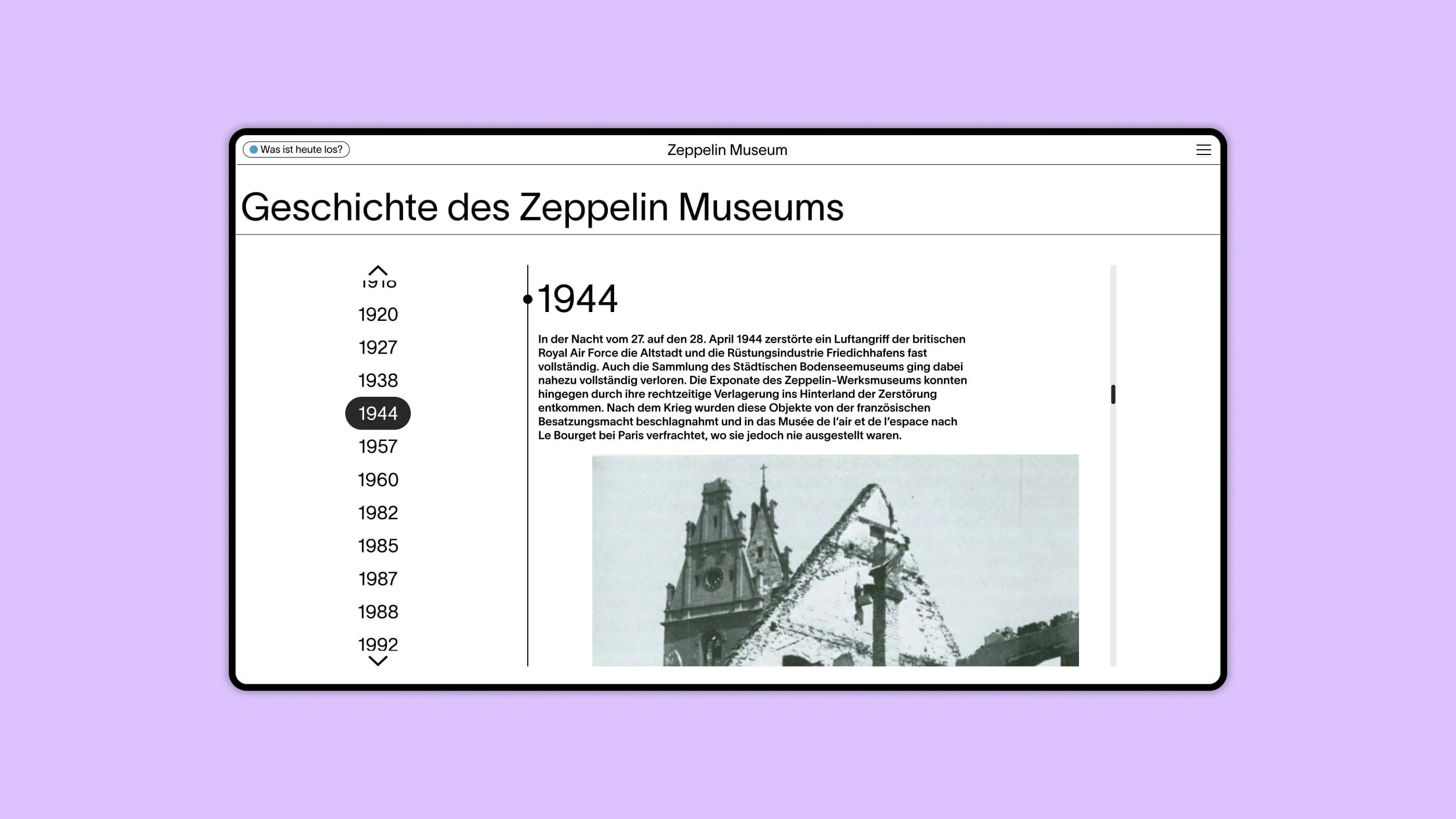 Schreenshot der Seite mit der Geschichte des Museums auf der Webseite des Zeppelin Museums