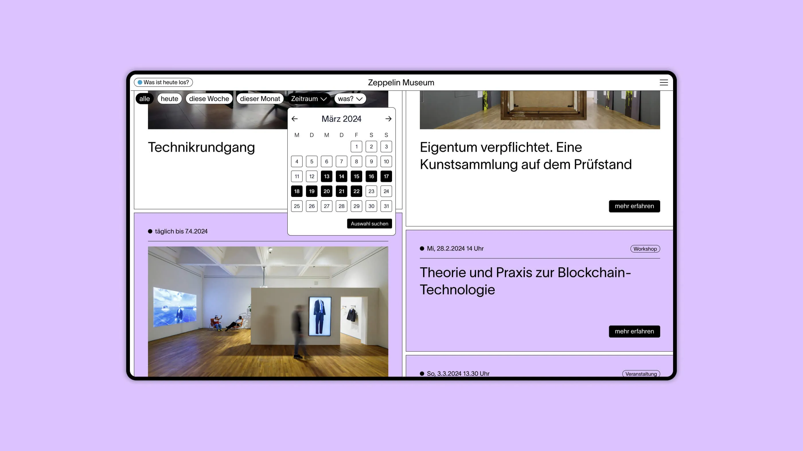 Screenshot der Kalenderauswahl der Webseite des Zeppelin Museums