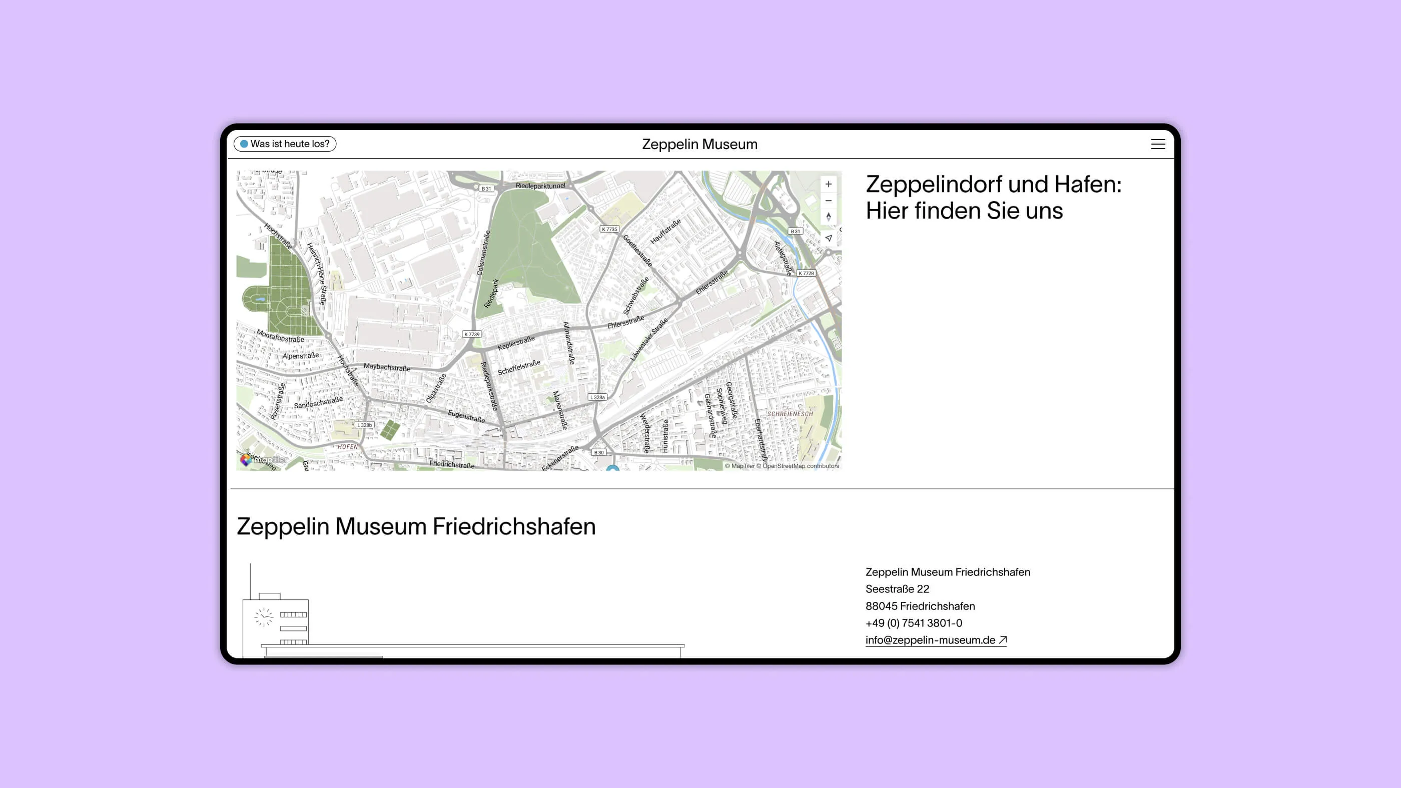 Screenshot einer Karte auf der Webseite des Zeppelin Museums