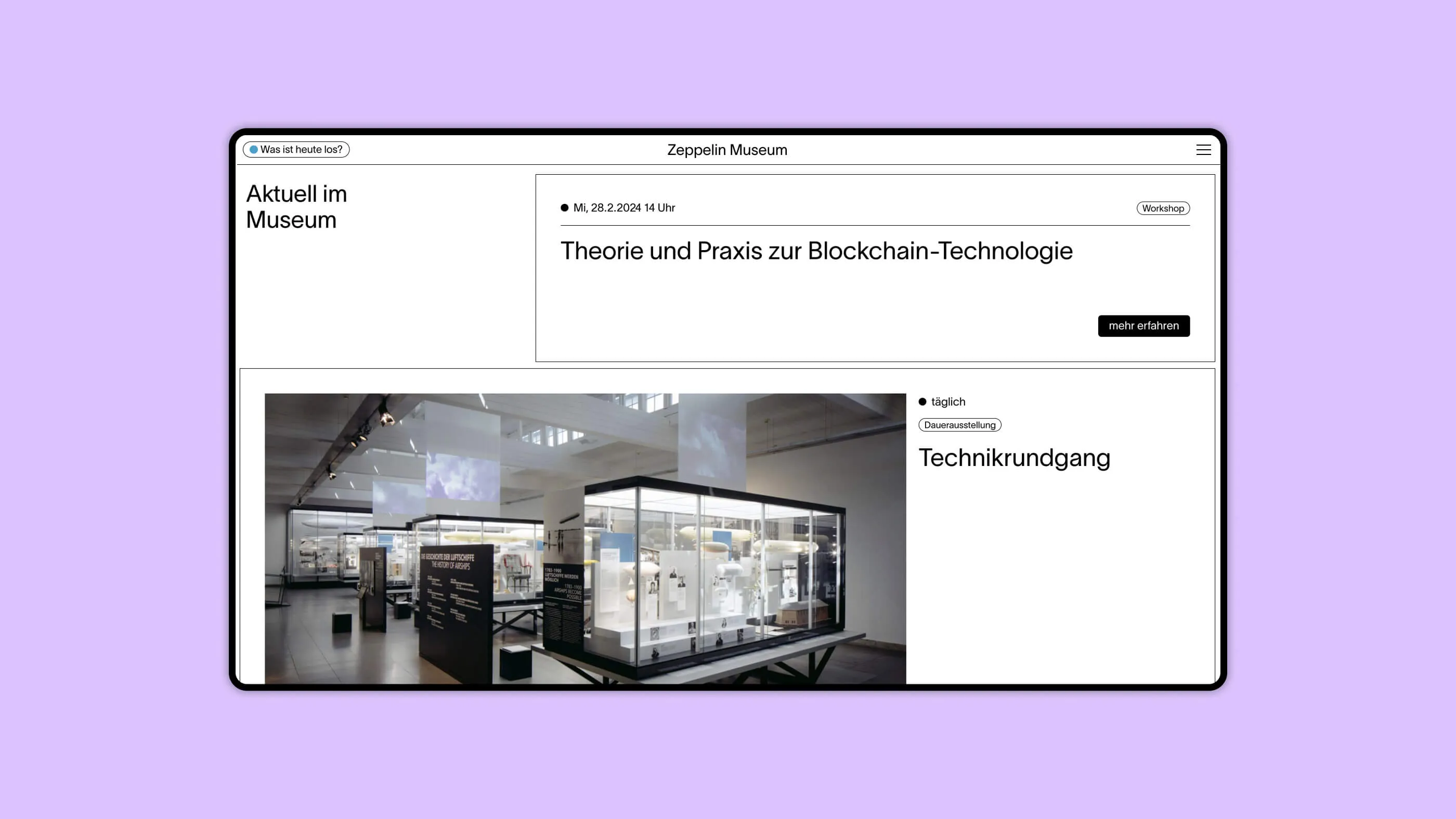 Screenshot eines Auschnitts der Startseite der Webseite des Zeppelin Museums