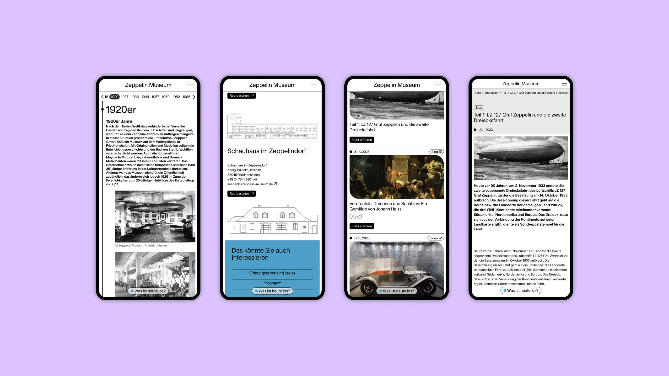 Vier Screenshots der Mobilansichten der Webseite des Zeppelin Museums