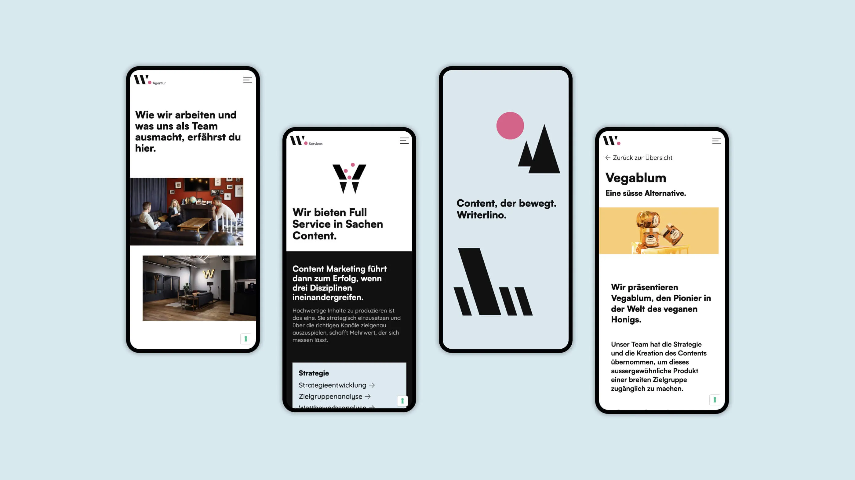 Four screenshots of the mobile views of the Writerlino website