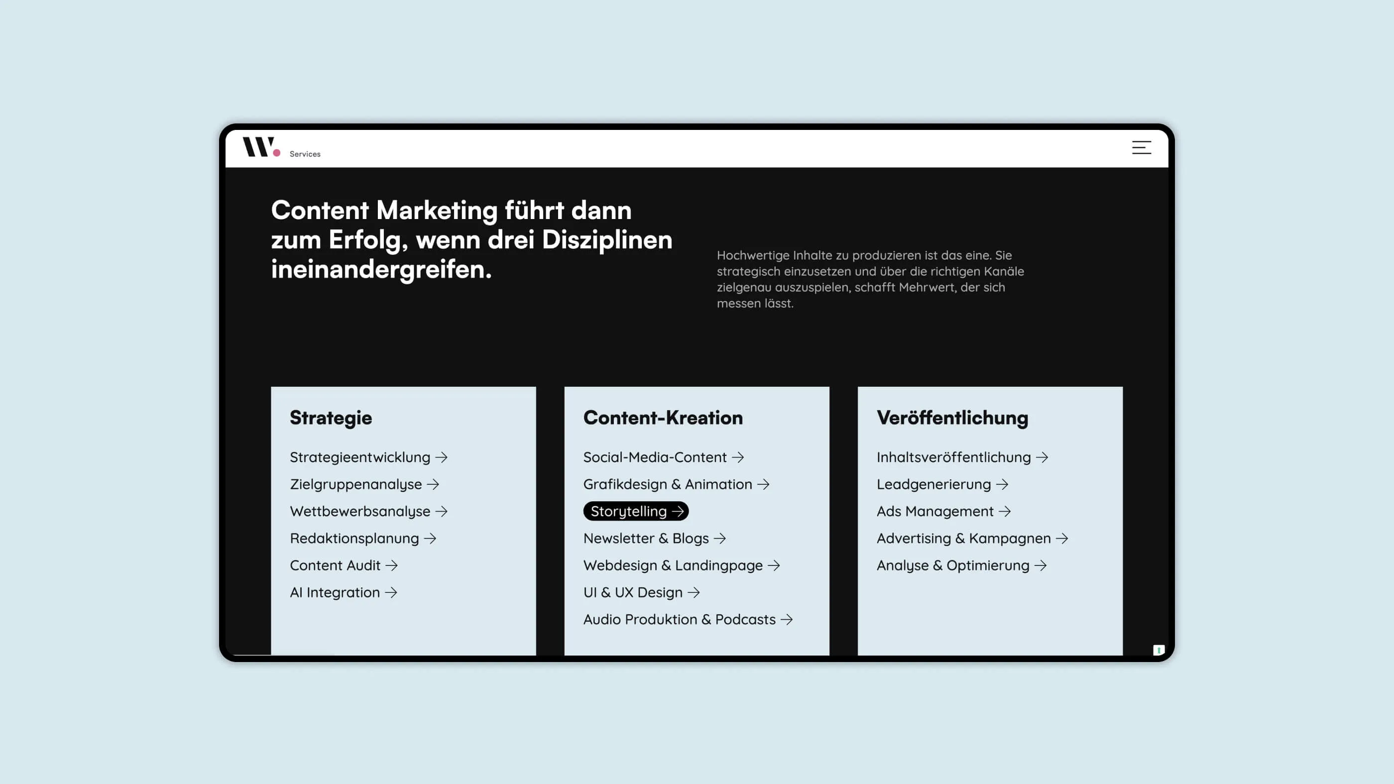 Screenshot of the service area of the homepage on the Writerlino website