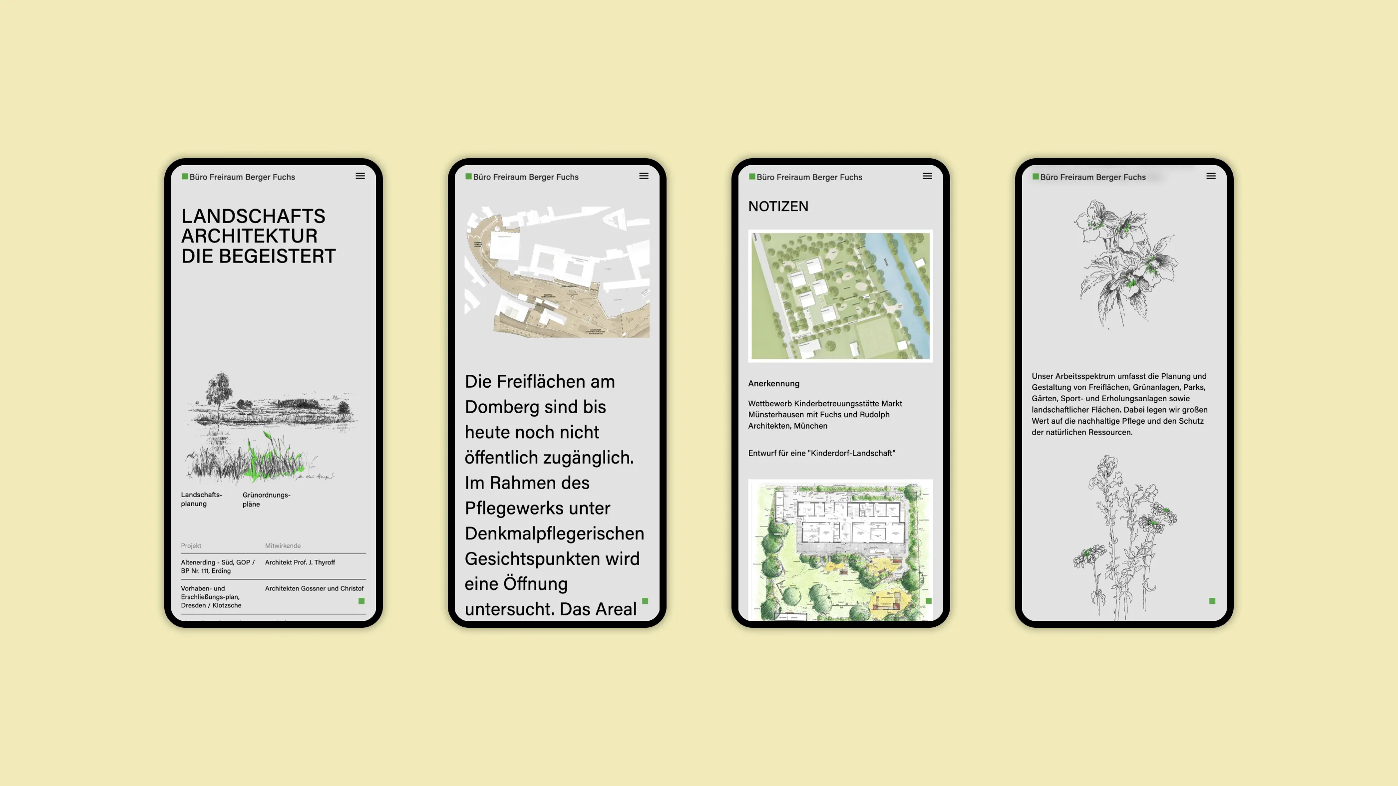 Four mobile screens of the website