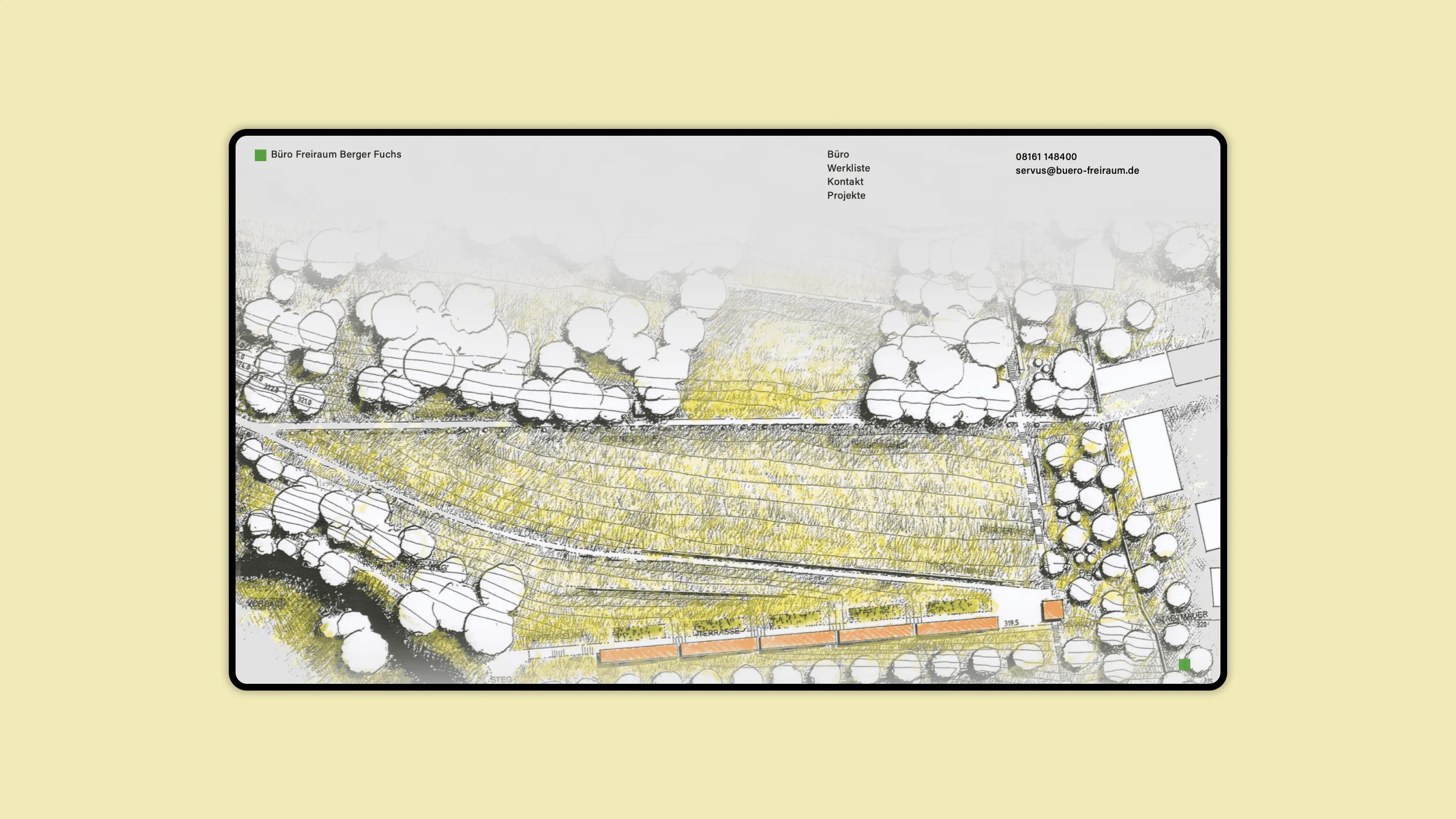 An excerpt from the homepage, on which a sketchy landscape floor plan can be seen in full screen.