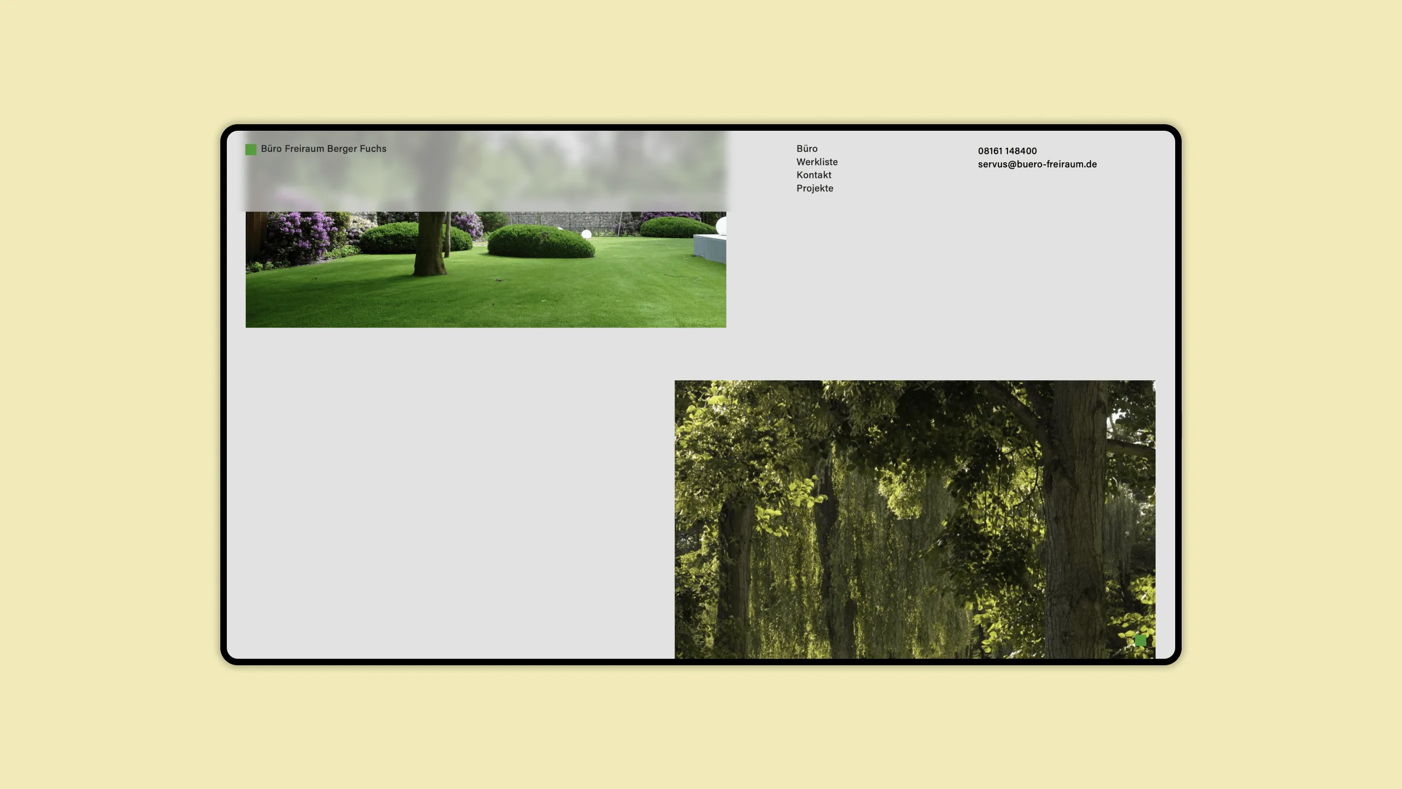Two images on the website, arranged diagonally to each other. The upper image scrolls just out of the visible area. Both pictures are photographs of a garden.
