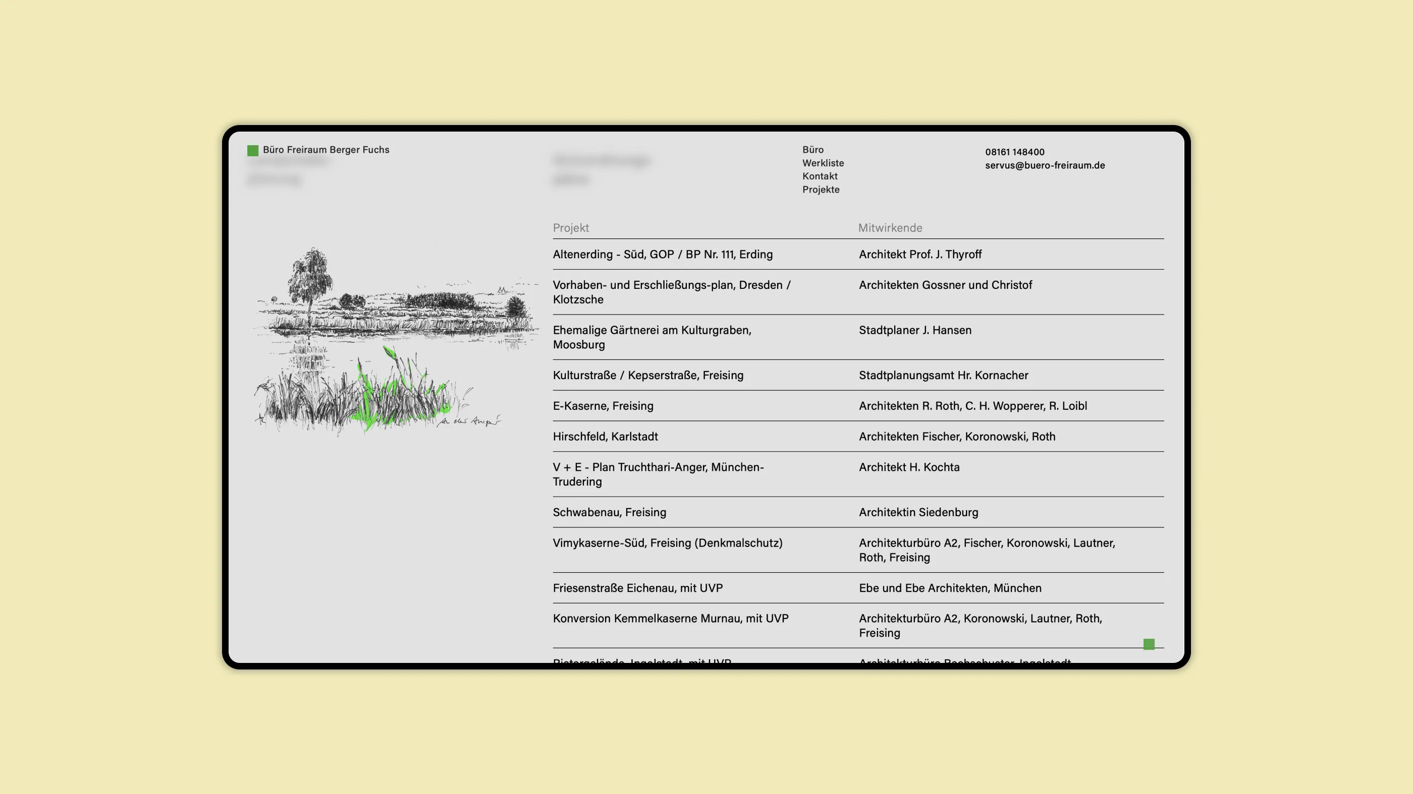 A screen with a two-column list, to the right of the list is a sketch of a landscape.