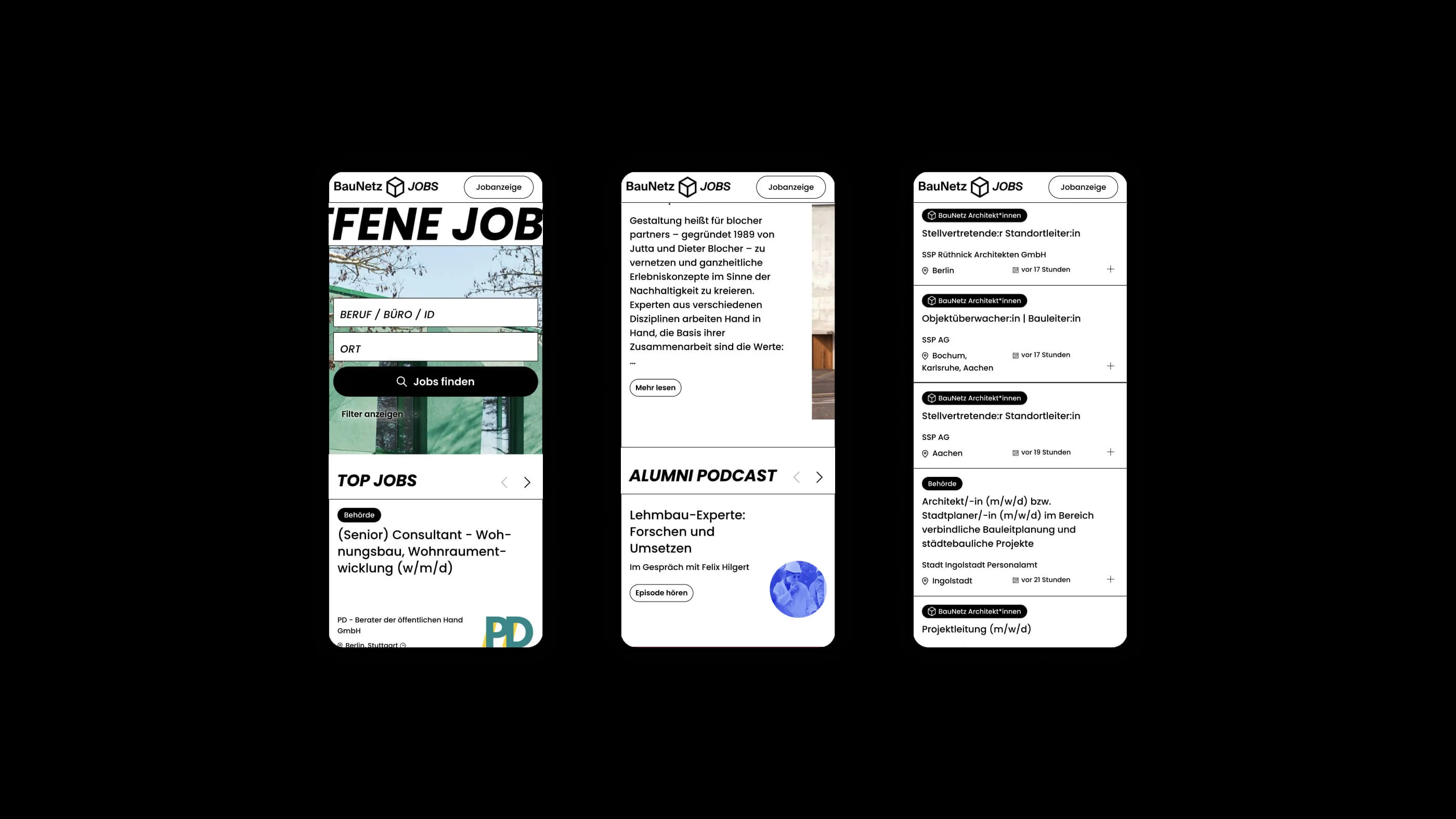 Drei Screenshots der Mobilansichten der Startseite der Webseite von BauNetz Jobs