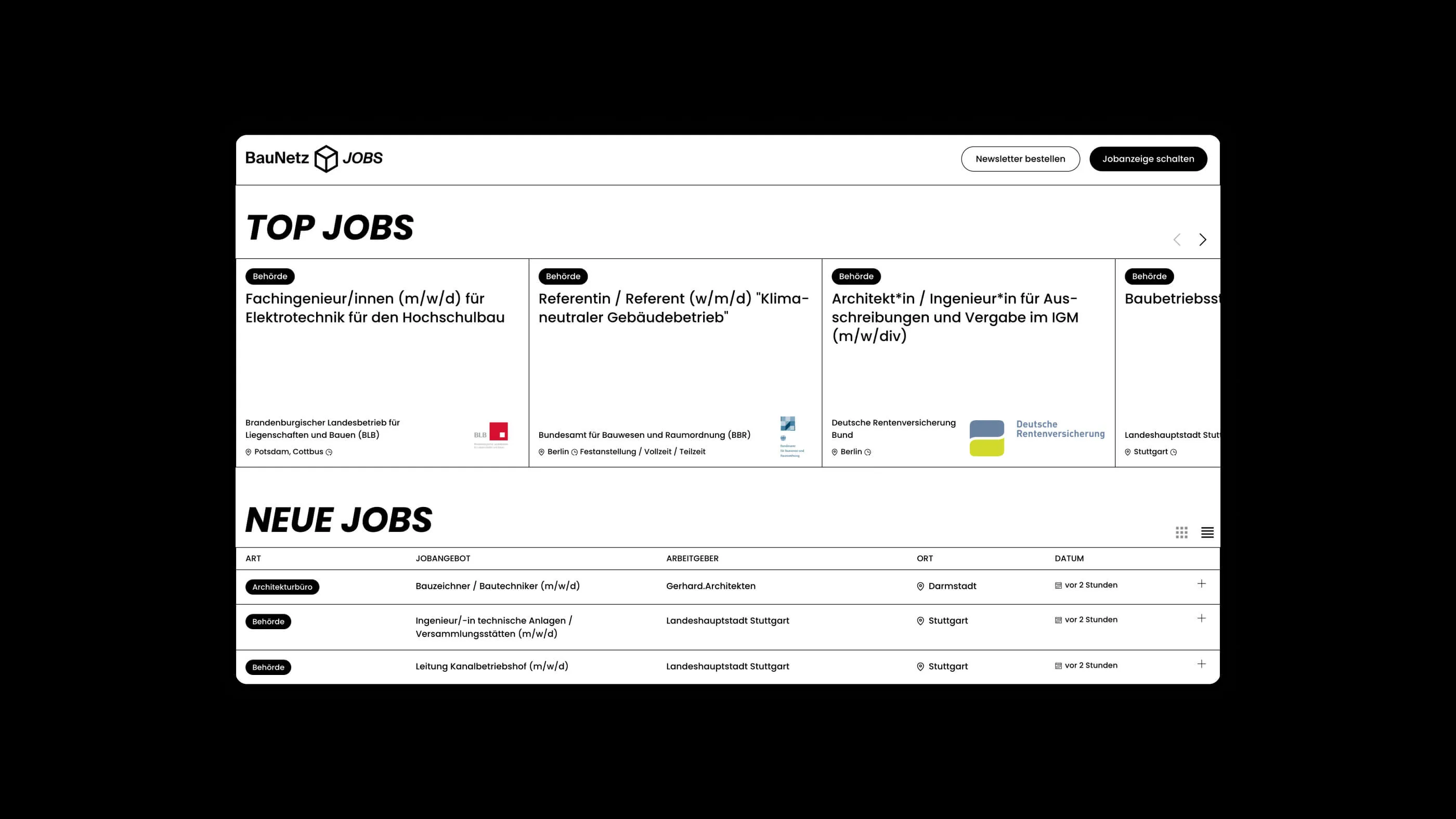 Screenshot der Top Jobs auf der Startseite der Webseite von BauNetz Jobs