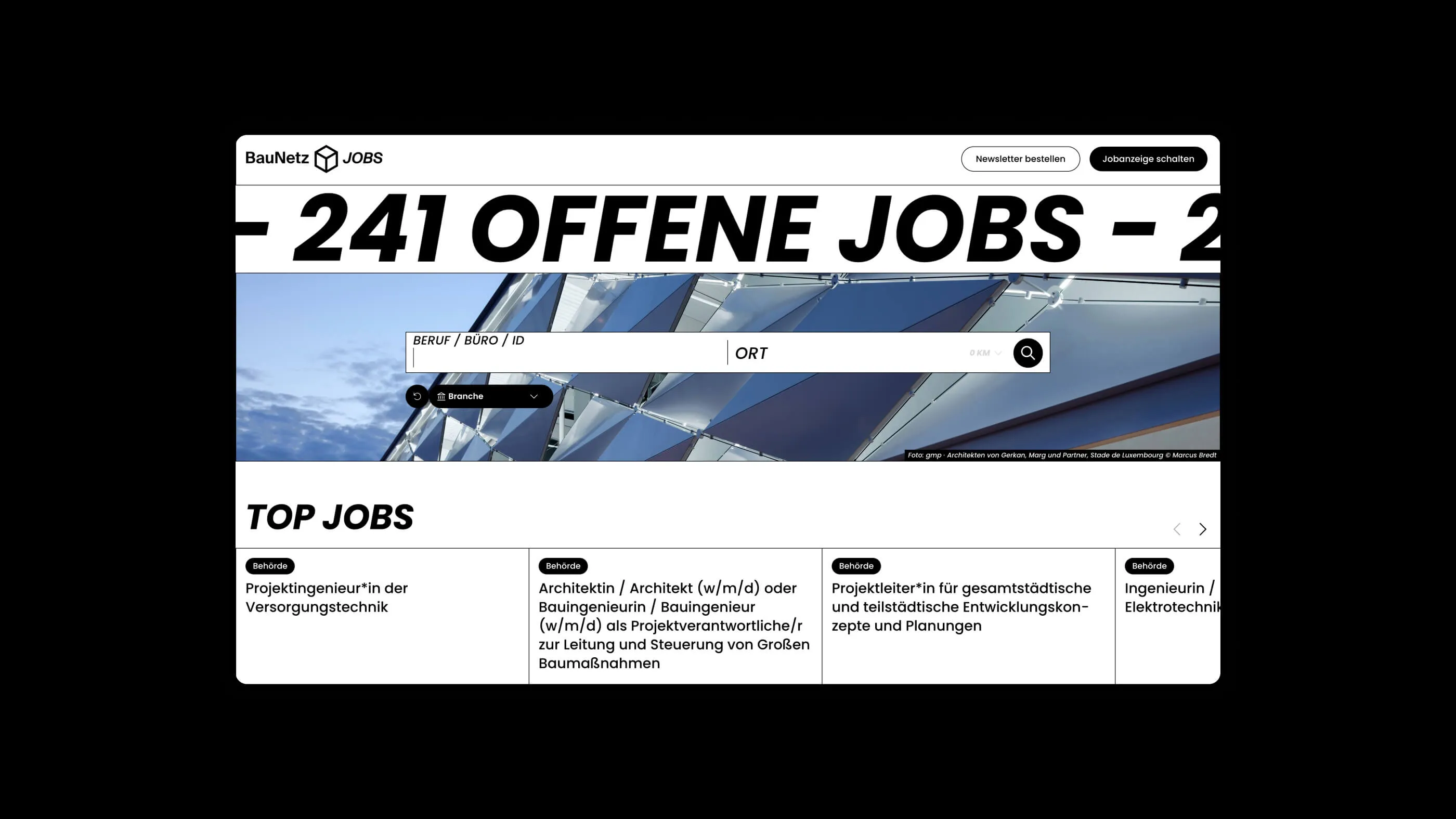 Screenshot der Sucheingabe auf der Startseite der Webseite von BauNetz Jobs