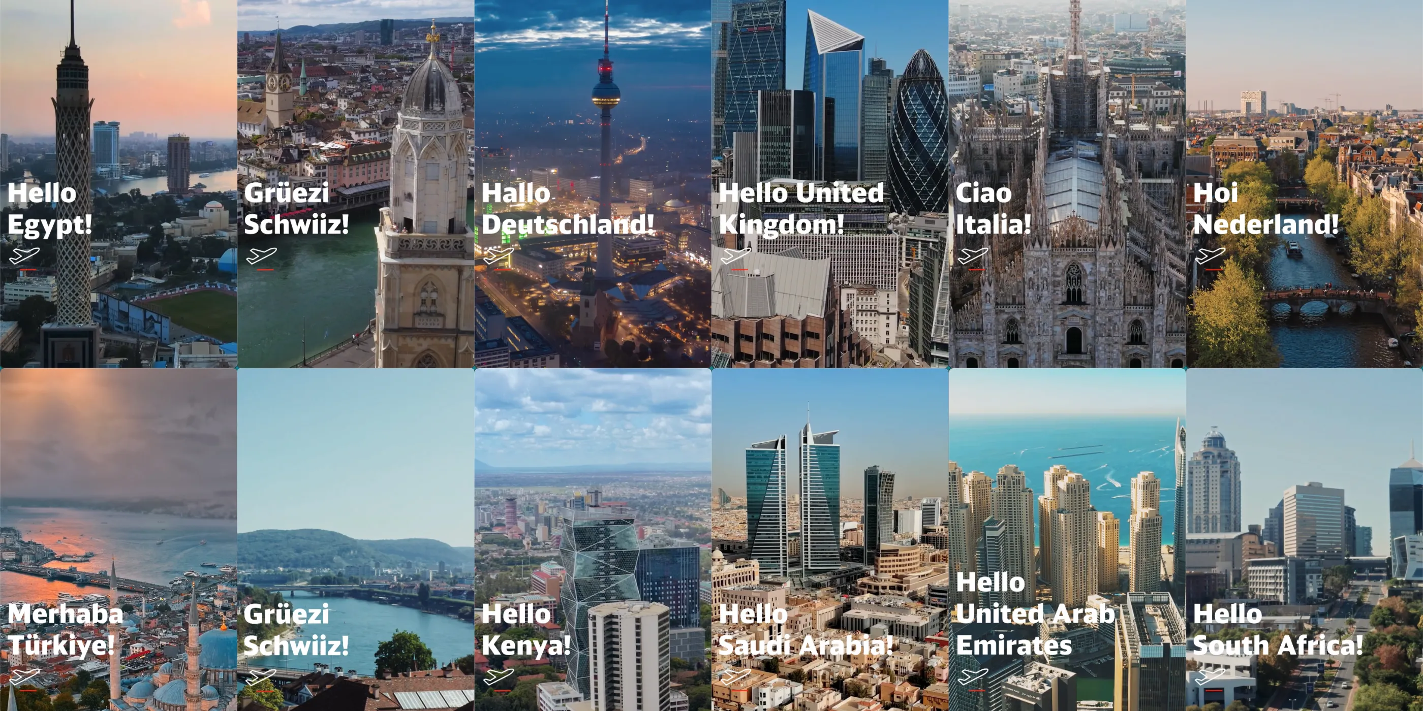 Images from the campaign videos with views of various cities in Europe, Africa and the Middle East