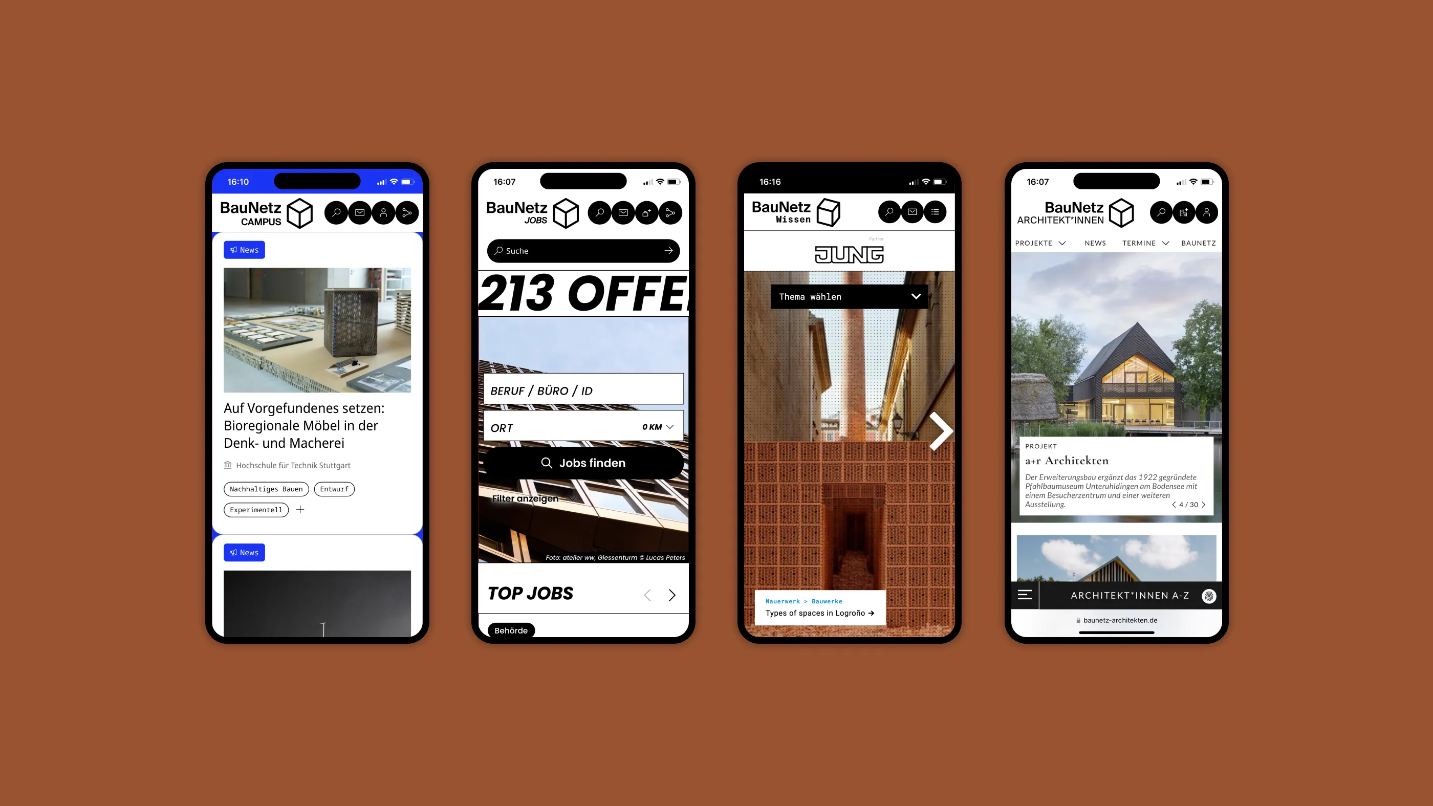 Vier Screenshots der Mobilversionen der Startseiten von BauNetz Campus, Jobs, Wissen und Architekt*innen mit dem neuen Navigationselement