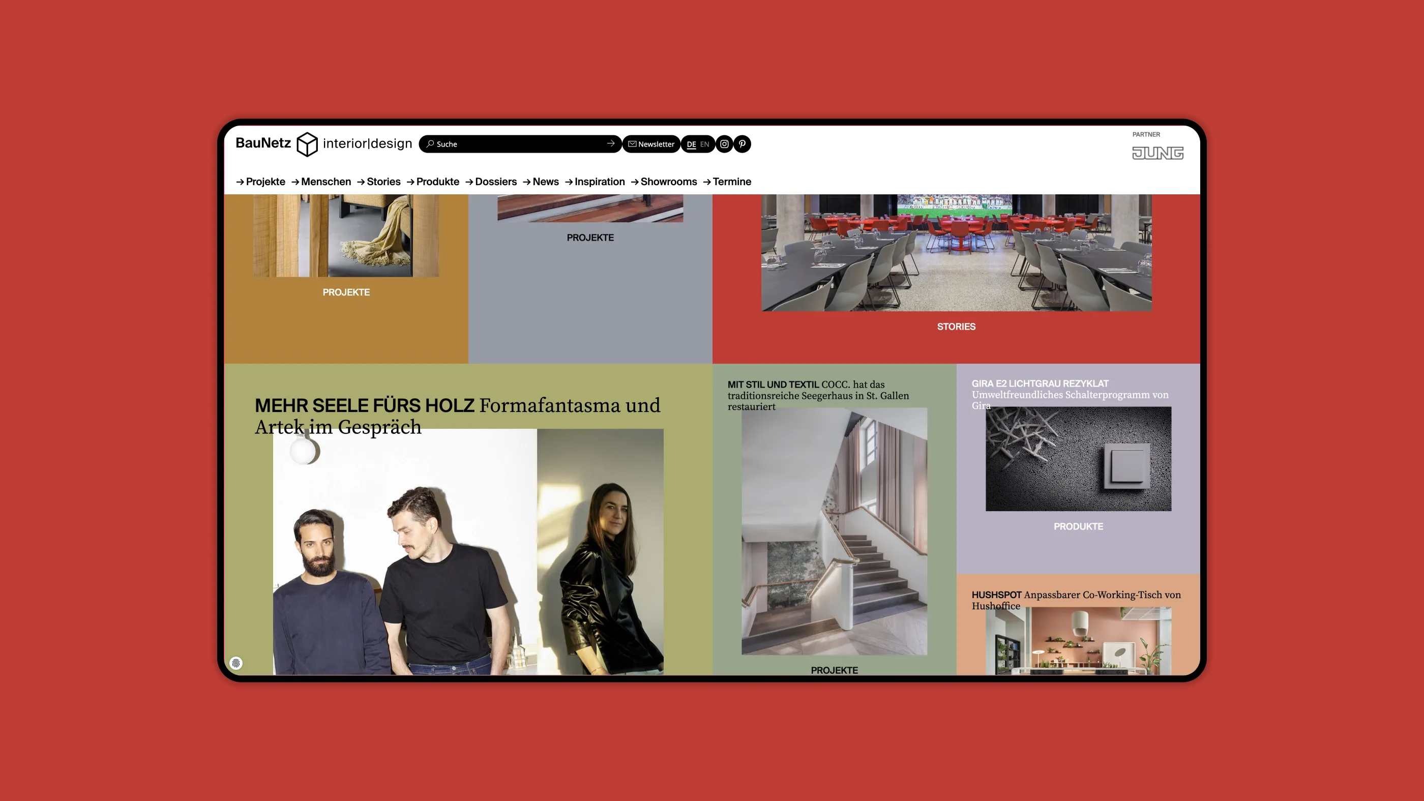 Screenshot der Startseite von BauNetz interior|design mit dem neuen Navigationselement im Header