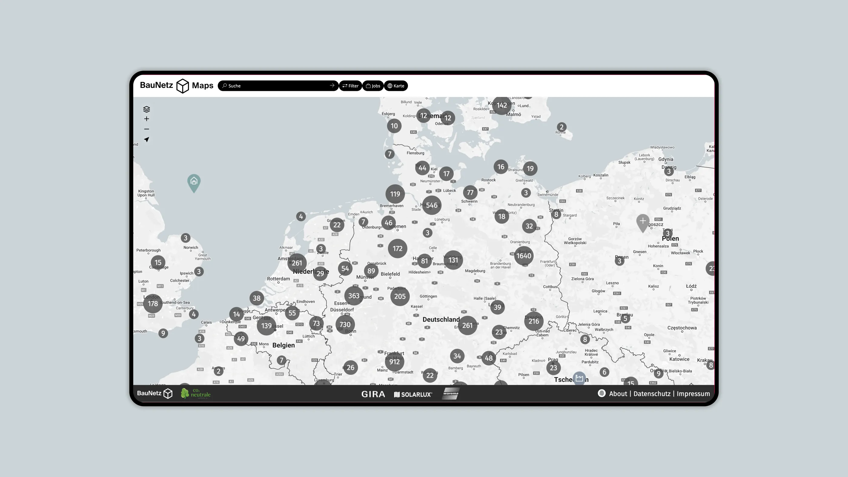 Screenshot der Startseite von BauNetz Maps mit dem neuen Navigationselement im Header