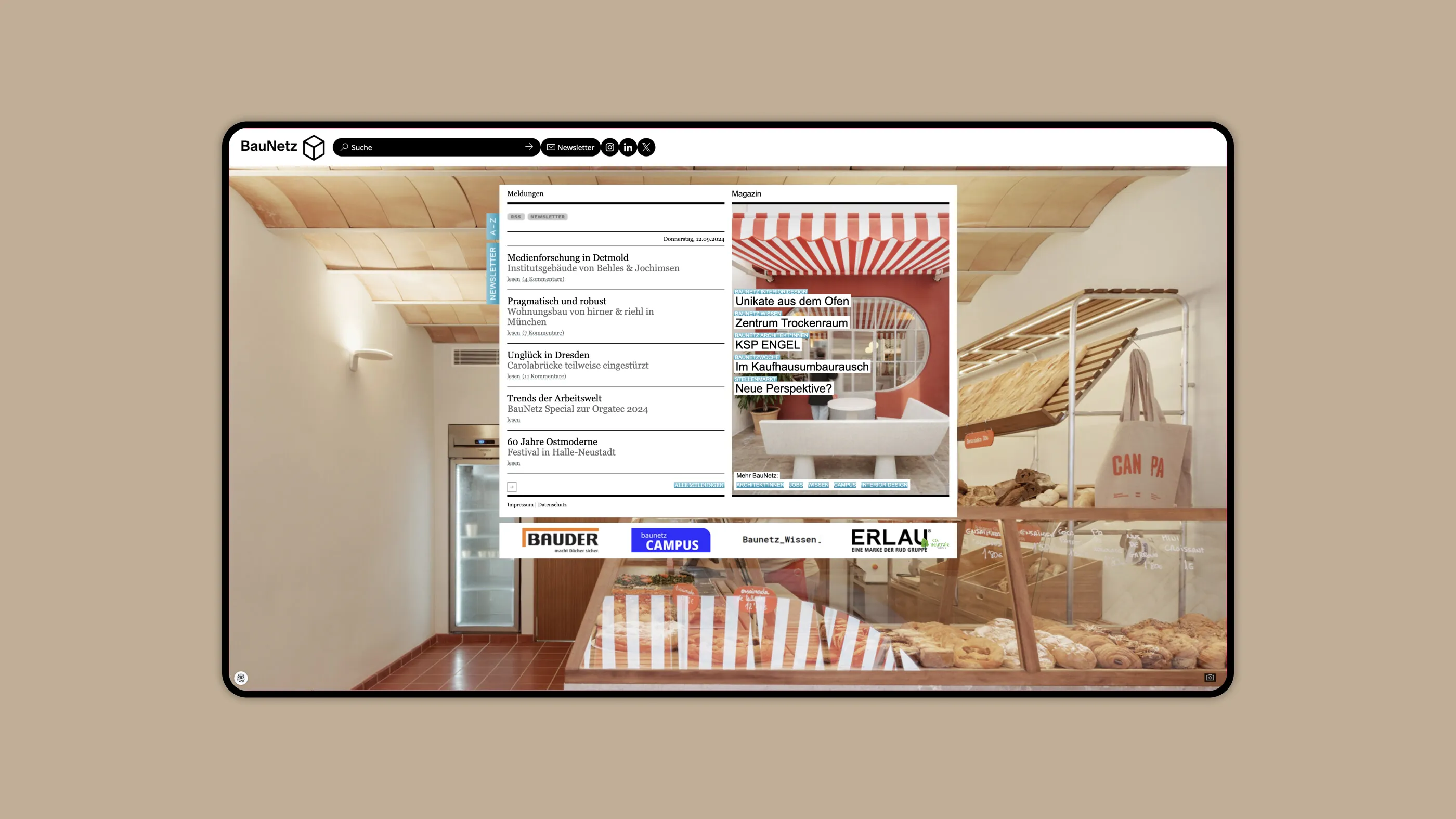 Screenshot der Startseite von BauNetz.de mit dem neuen Navigationselement im Header