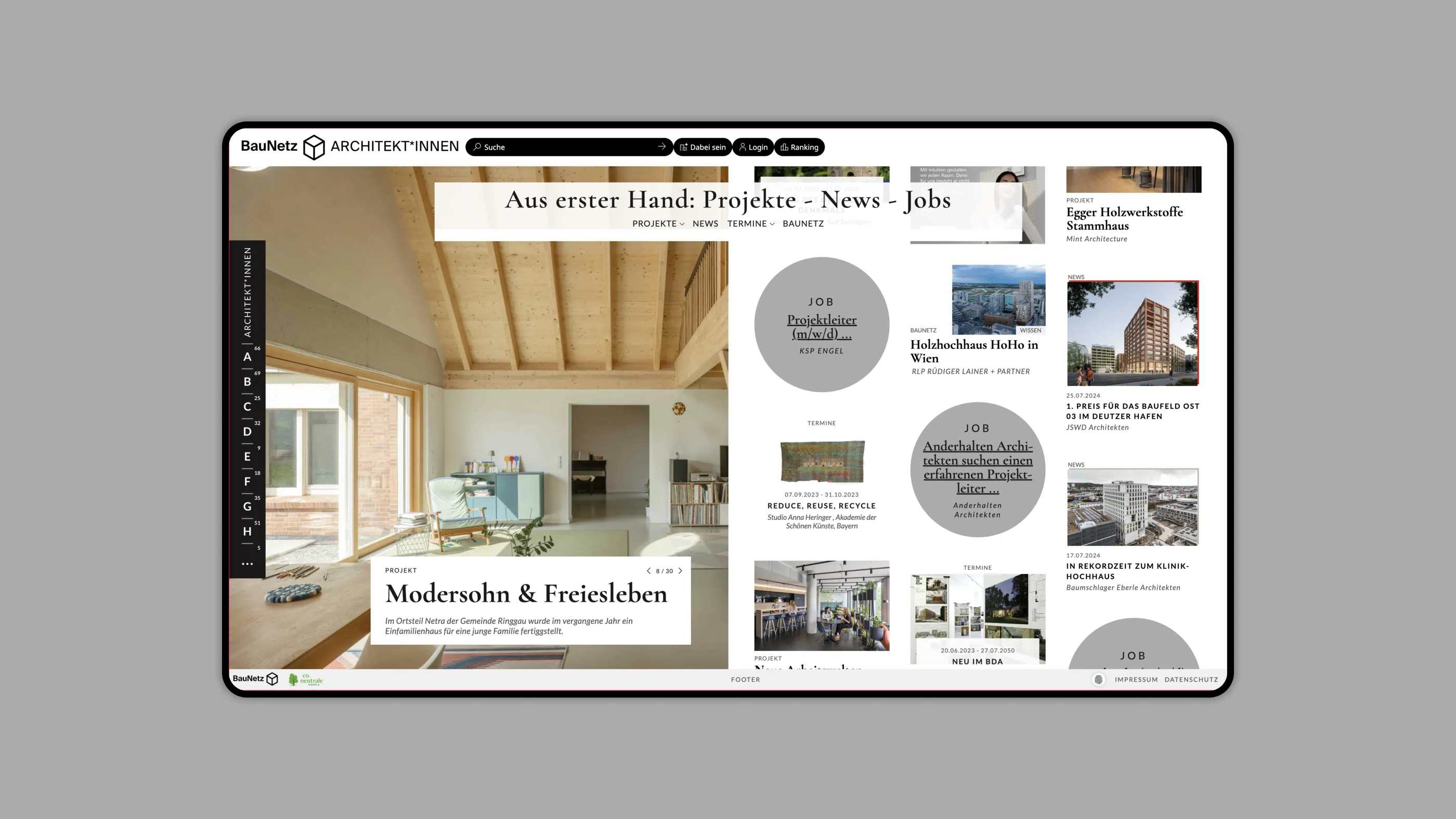 Screenshot der Startseite von BauNetz Architekt*innen mit dem neuen Navigationselement im Header