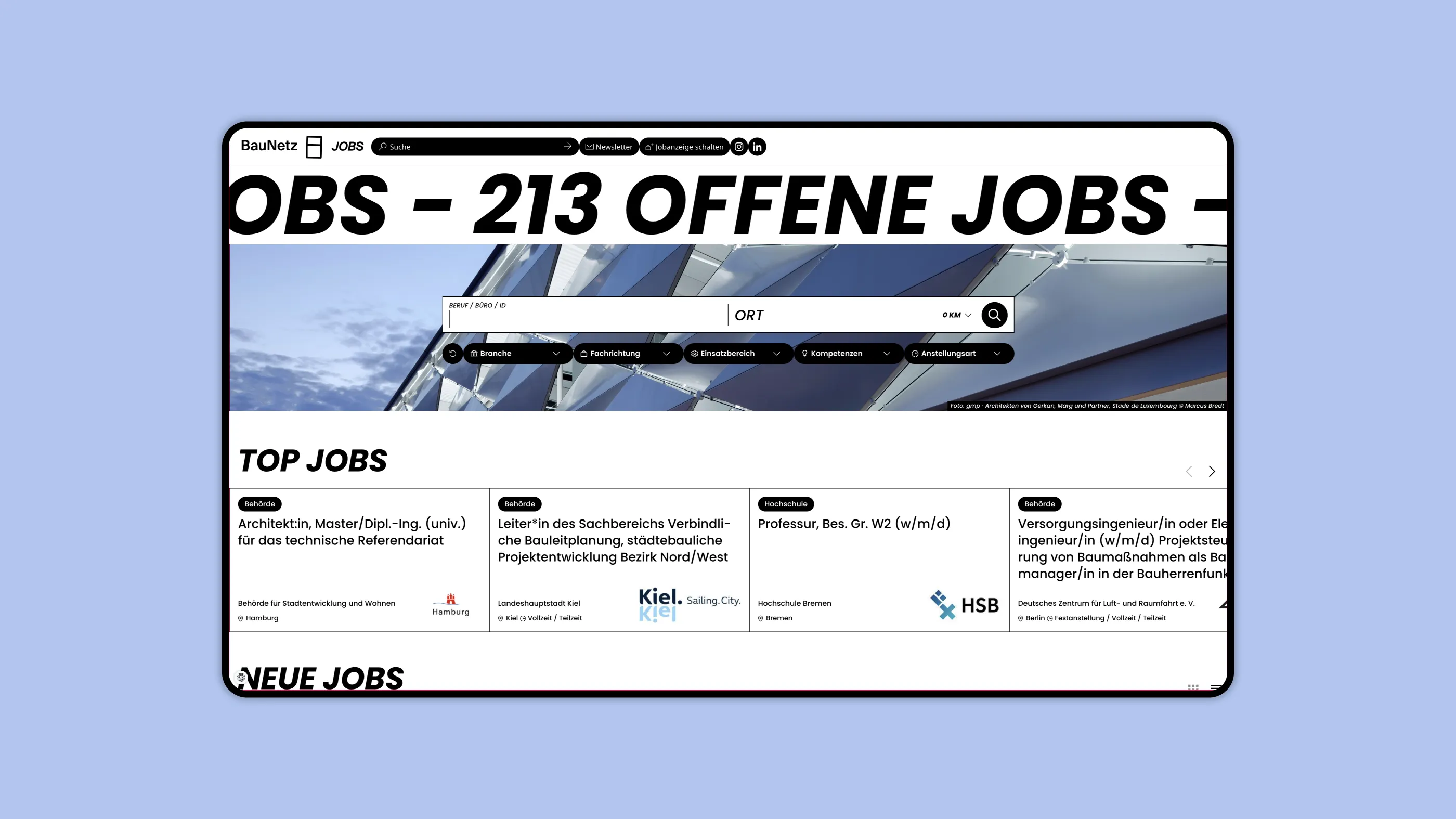 Screenshot der Startseite von BauNetz Jobs mit dem neuen Navigationselement im Header