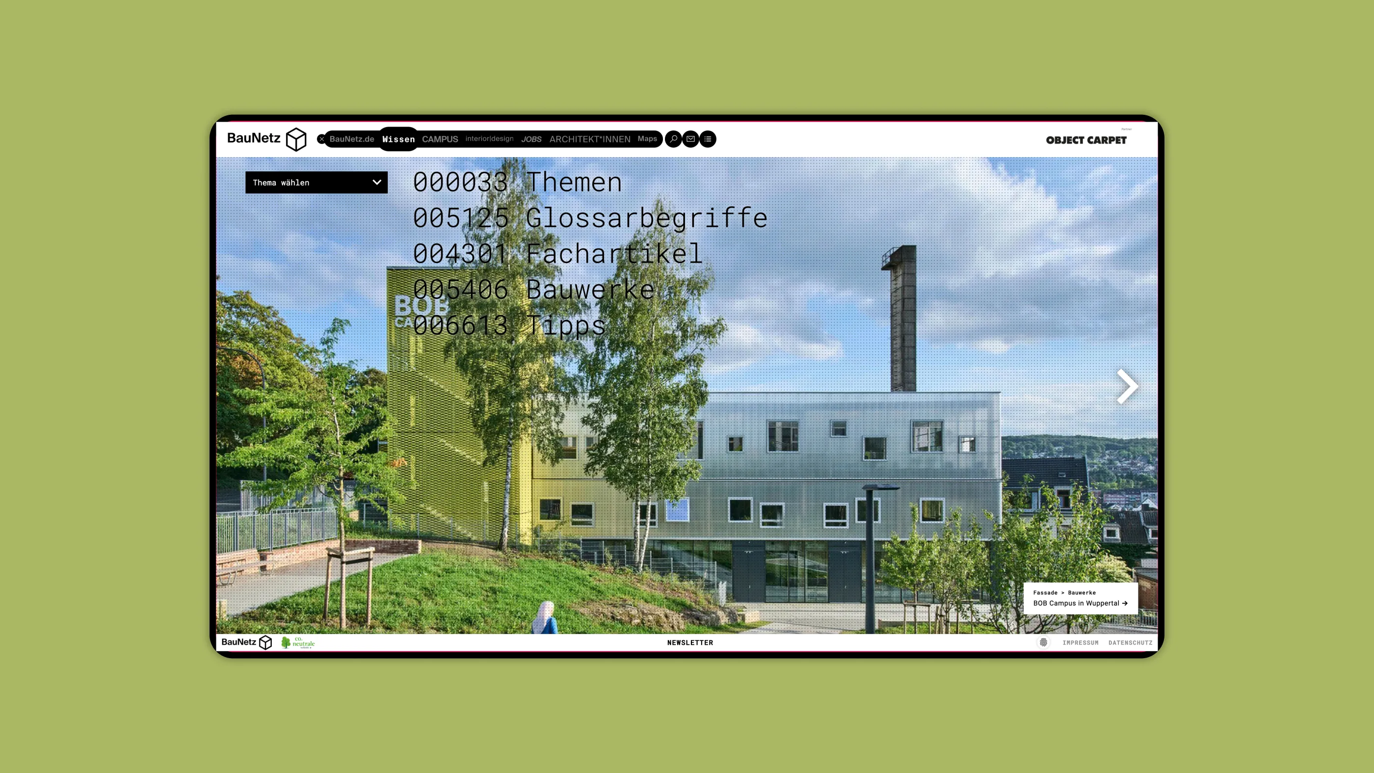 Screenshot der Startseite von BauNetz Wissen mit dem neuen Navigationselement im Header