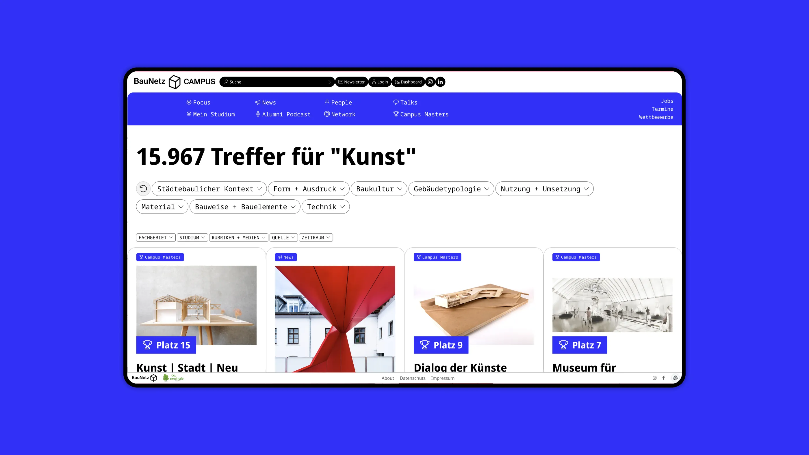 Screenshot der Suchergebnisse von BauNetz Campus mit dem neuen Navigationselement im Header