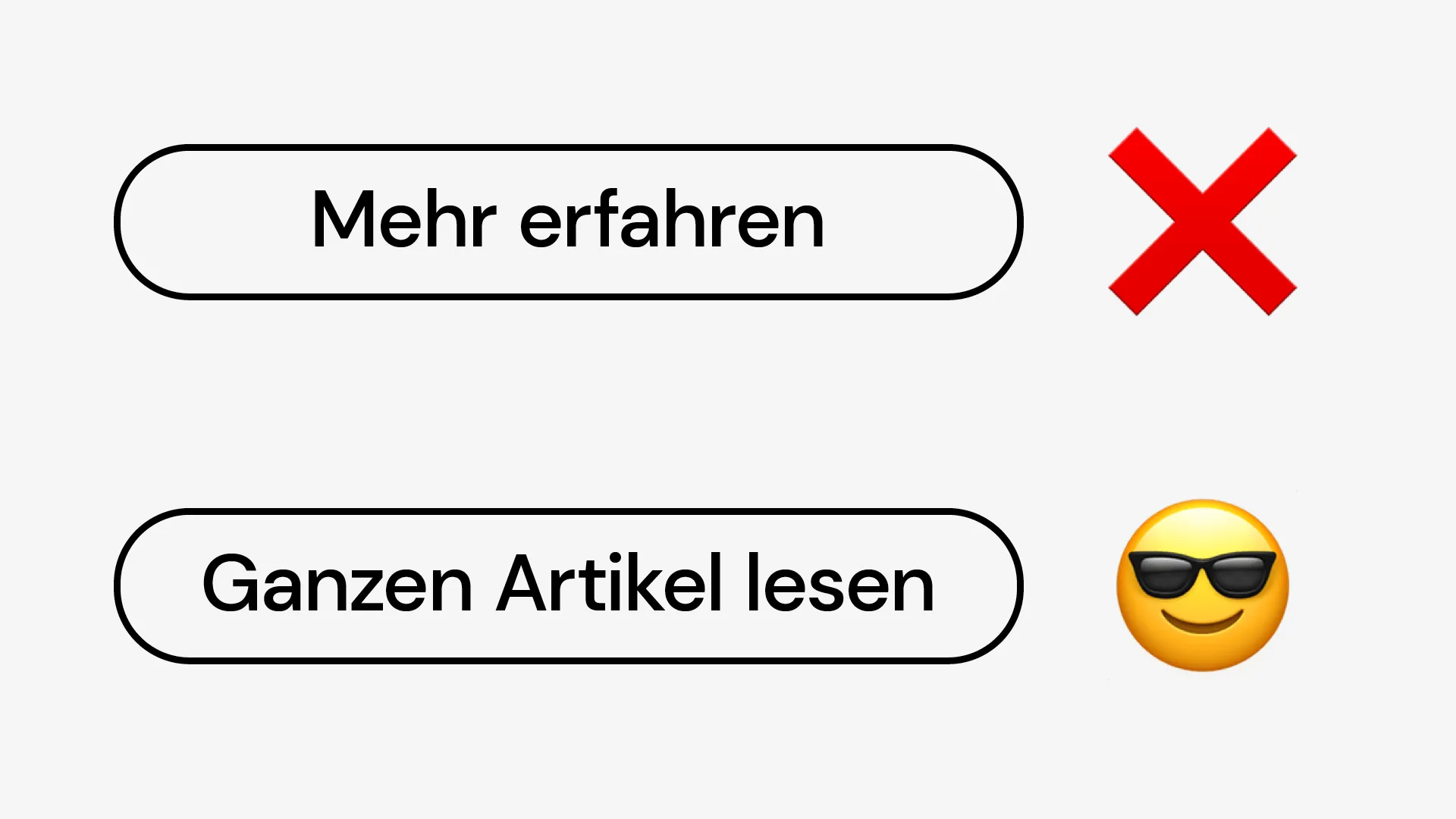 Typografie und Symbol: Der erste Button zeigt »Mehr erfahren« mit einem X-Emoji für schlecht an, während der zweite Button »Ganzen Artikel lesen« mit einem Emoji Smiley-mit-Sonnenbrille für gut kennzeichnet.