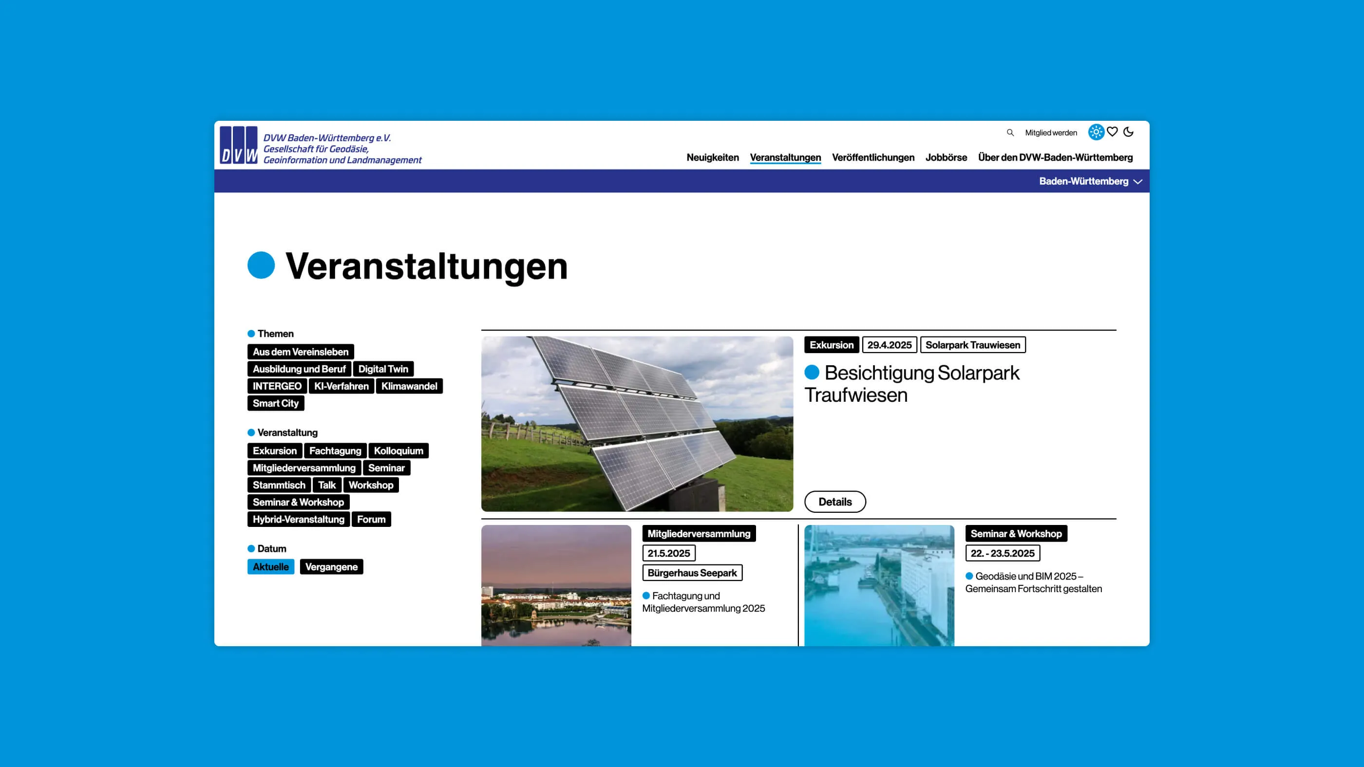 Screenshot der Übersichtsseite der Veranstaltungen des DVW