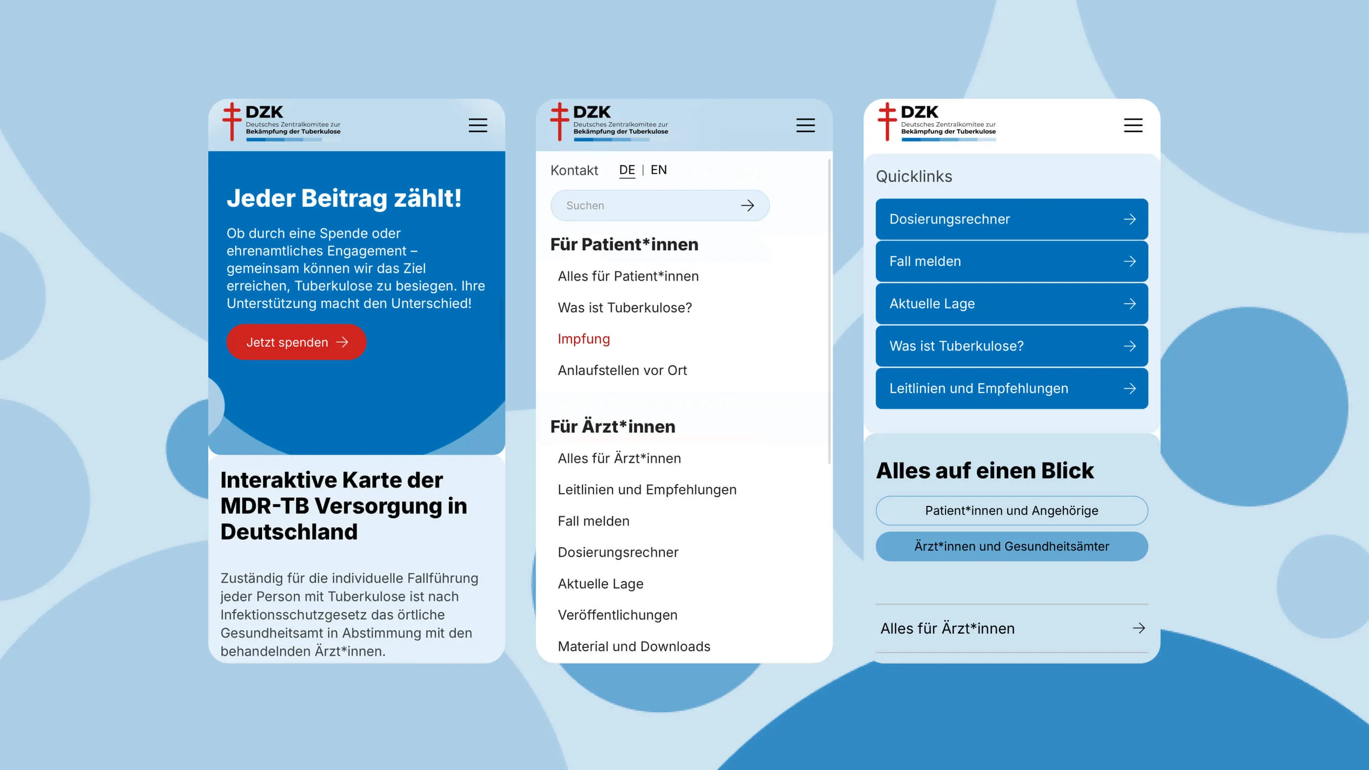 Drei Screenshots von der mobilen Version eines Aufrufs, der Navigation und Quicklinks