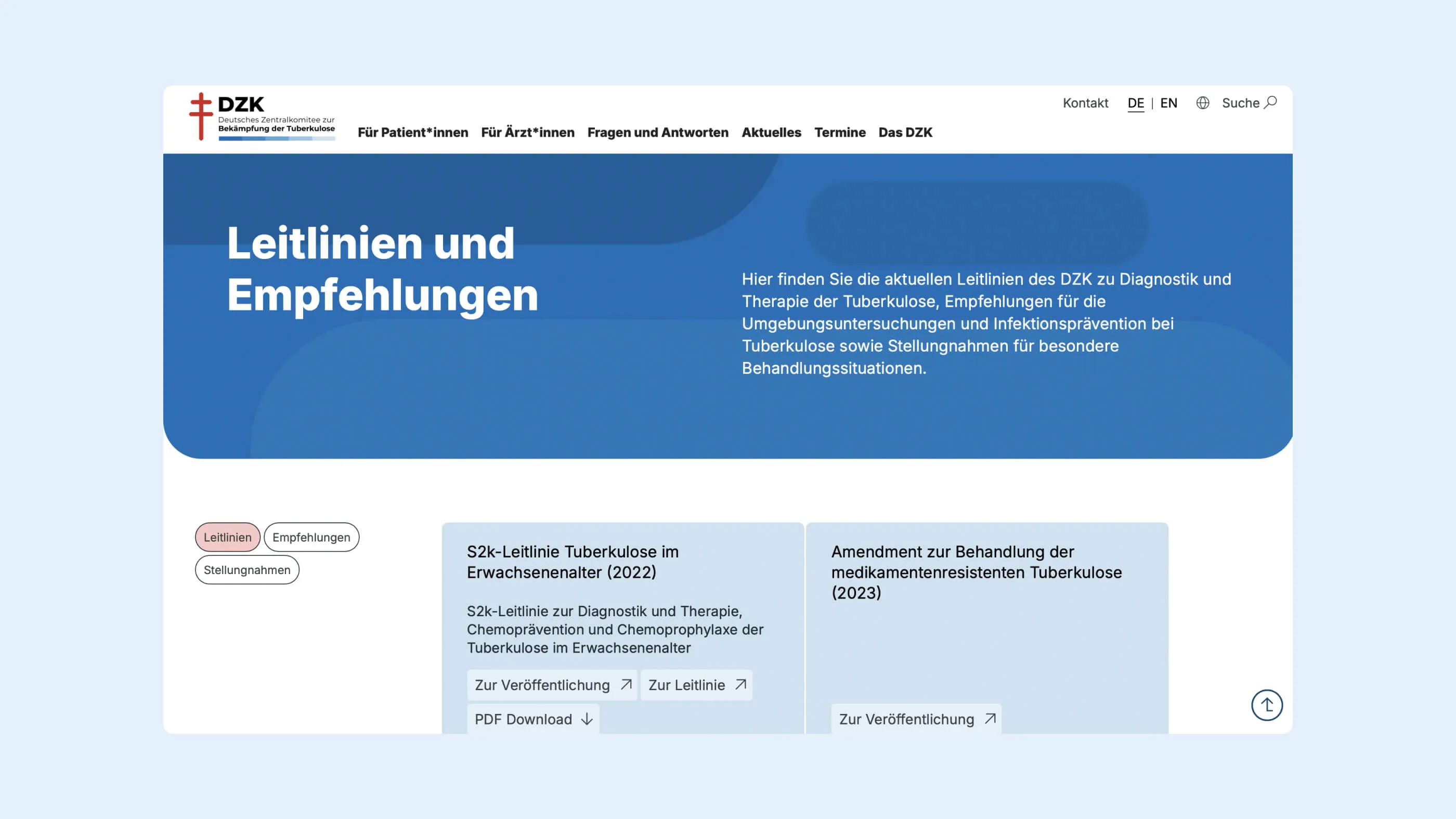 Screenshot der DZK-Unterseite ‘Leitlinien und Empfehlungen’