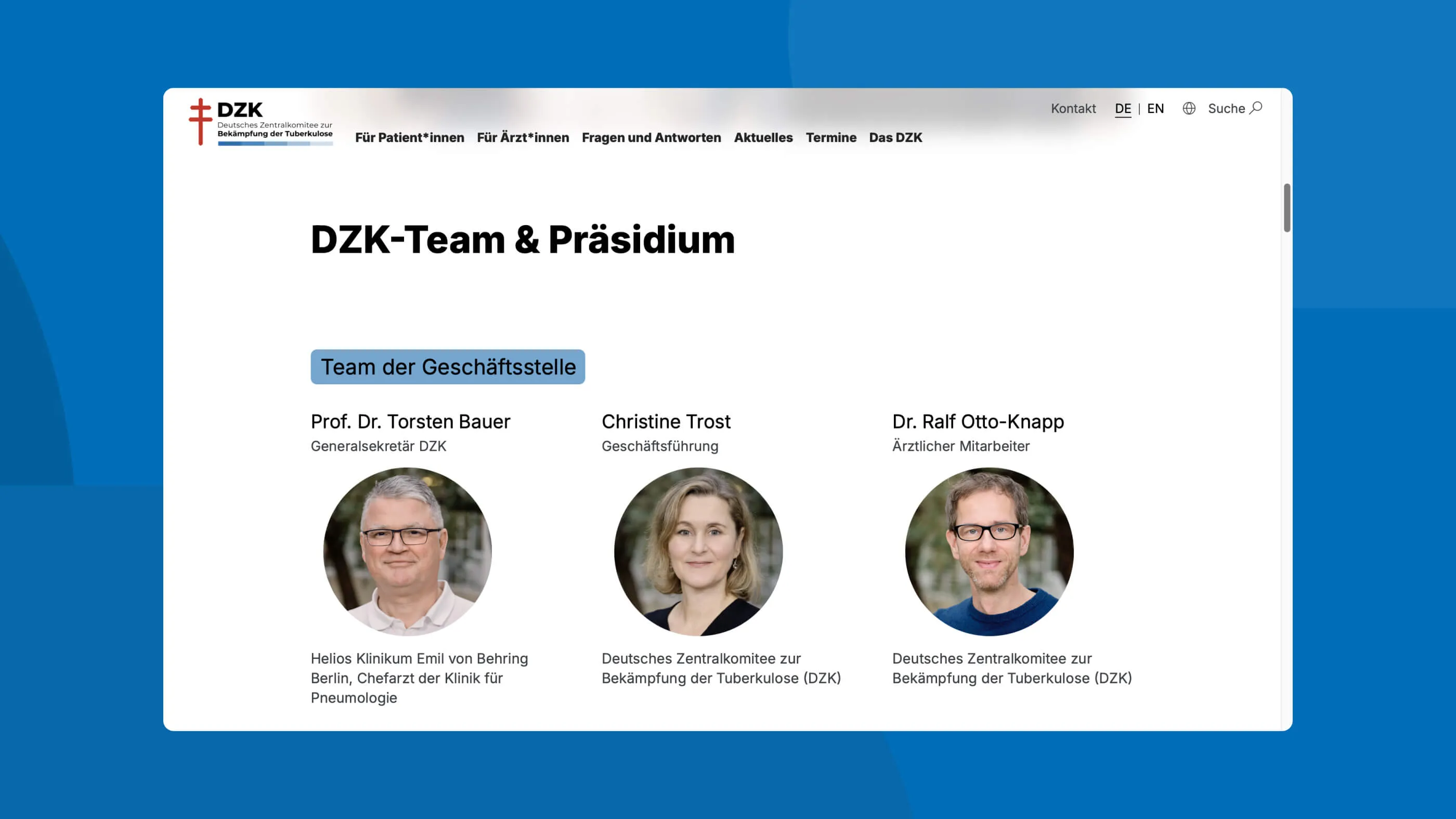 Screenshot der Seite ‘DZK-Team und Präsidium’