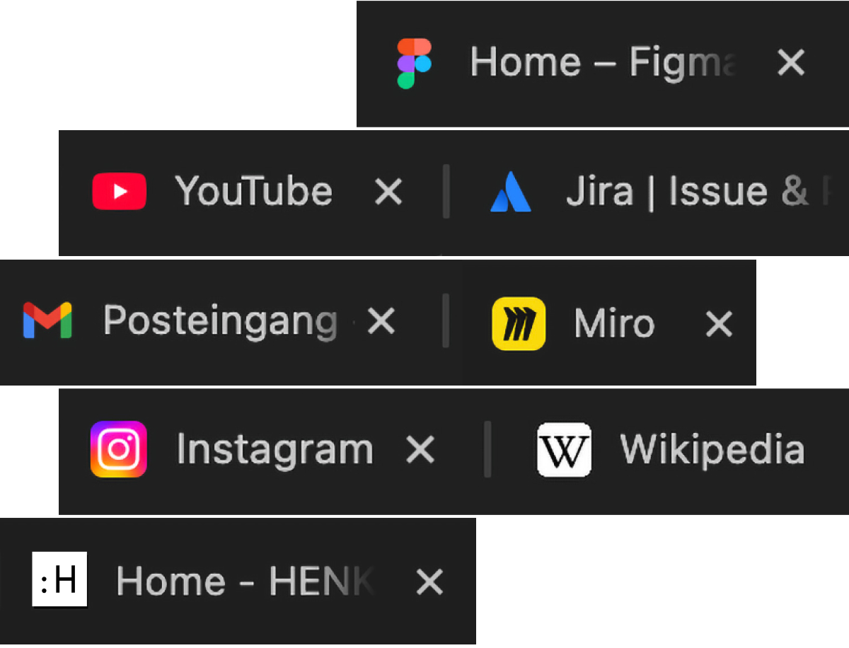 Eine Collage mehrerer Tabs aus einem Browser um die Vielzahl von Favicons zu zeigen, mit denen man täglich konfrontiert wird.