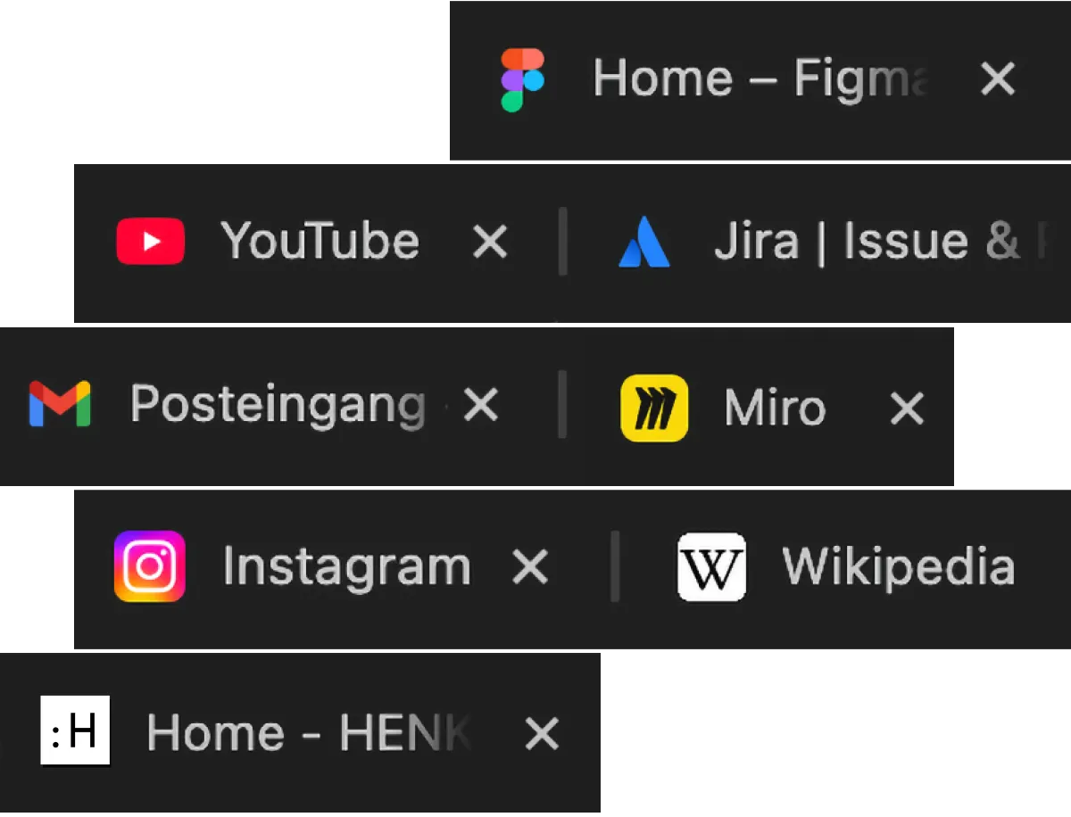 Eine Collage mehrerer Tabs aus einem Browser um die Vielzahl von Favicons zu zeigen, mit denen man täglich konfrontiert wird.