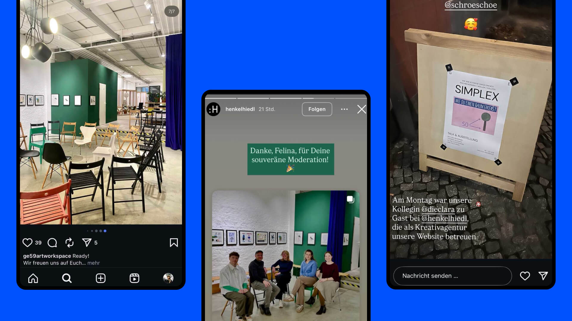 Screenshots von drei Instagram-Posts und Storys zur Veranstaltung SIMPLEX bei der Berlin Science Week 2025