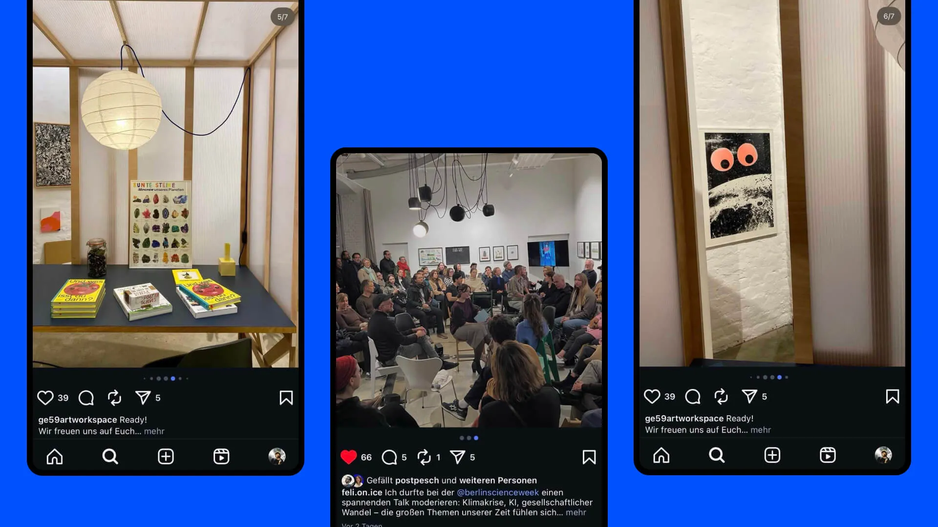 Screenshots von drei Instagram-Posts zur Veranstaltung SIMPLEX bei der Berlin Science Week 2025: Büher und Postkarten von Felix Bork, große Talk-Runde mit vielen Menschen, Poster von Science Notes an einer Wand.