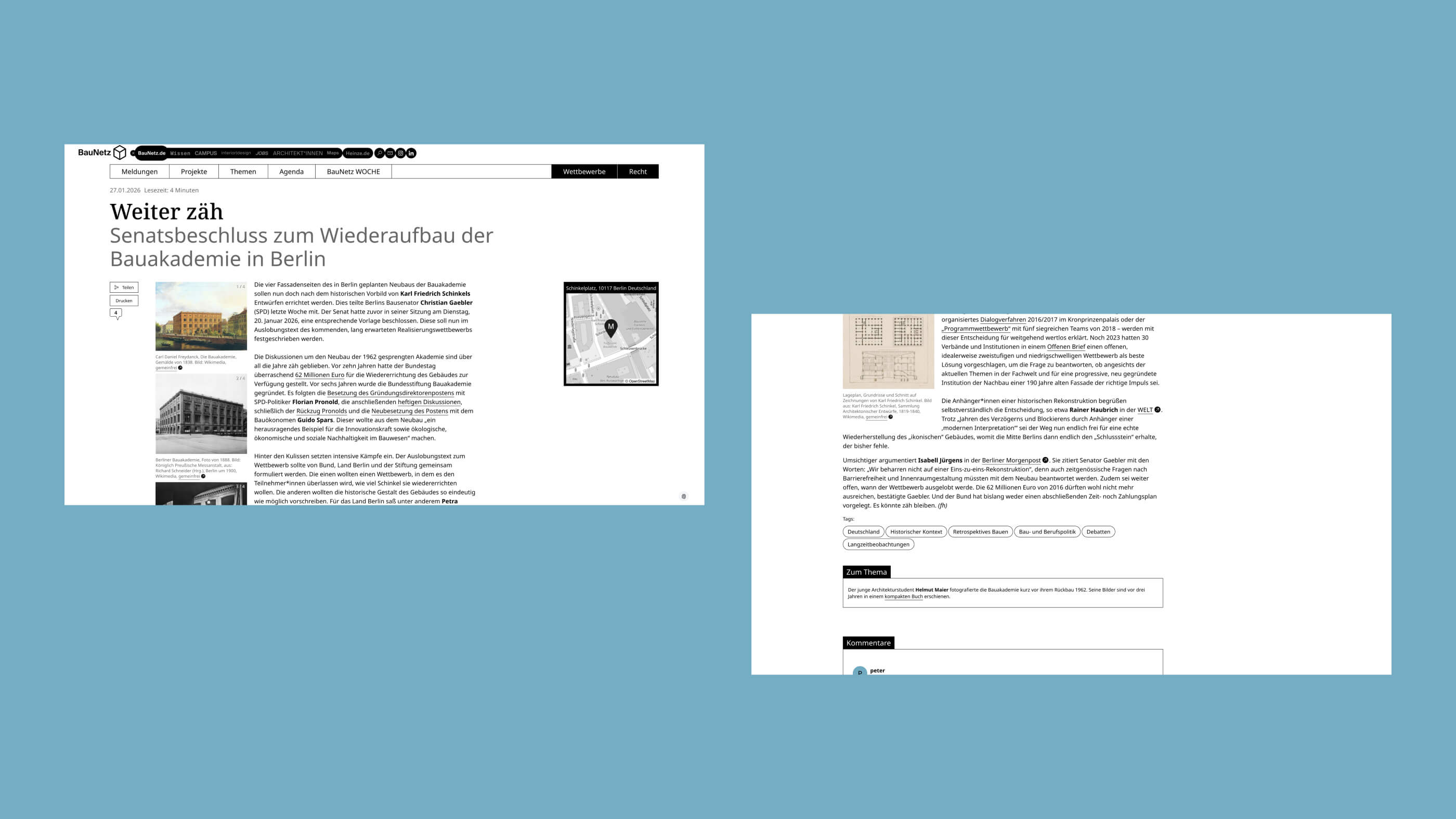 Screenshots zweier Contentseiten von baunetz.de
